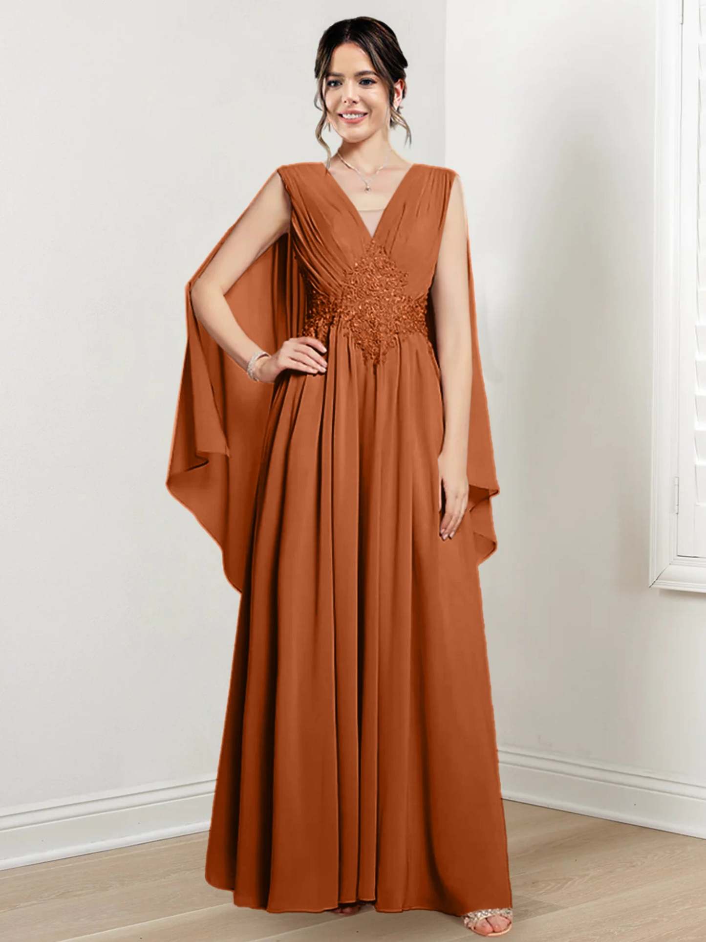 V-Neck A-Line Princess Floor-Length Dresses for the Mother of the Bride