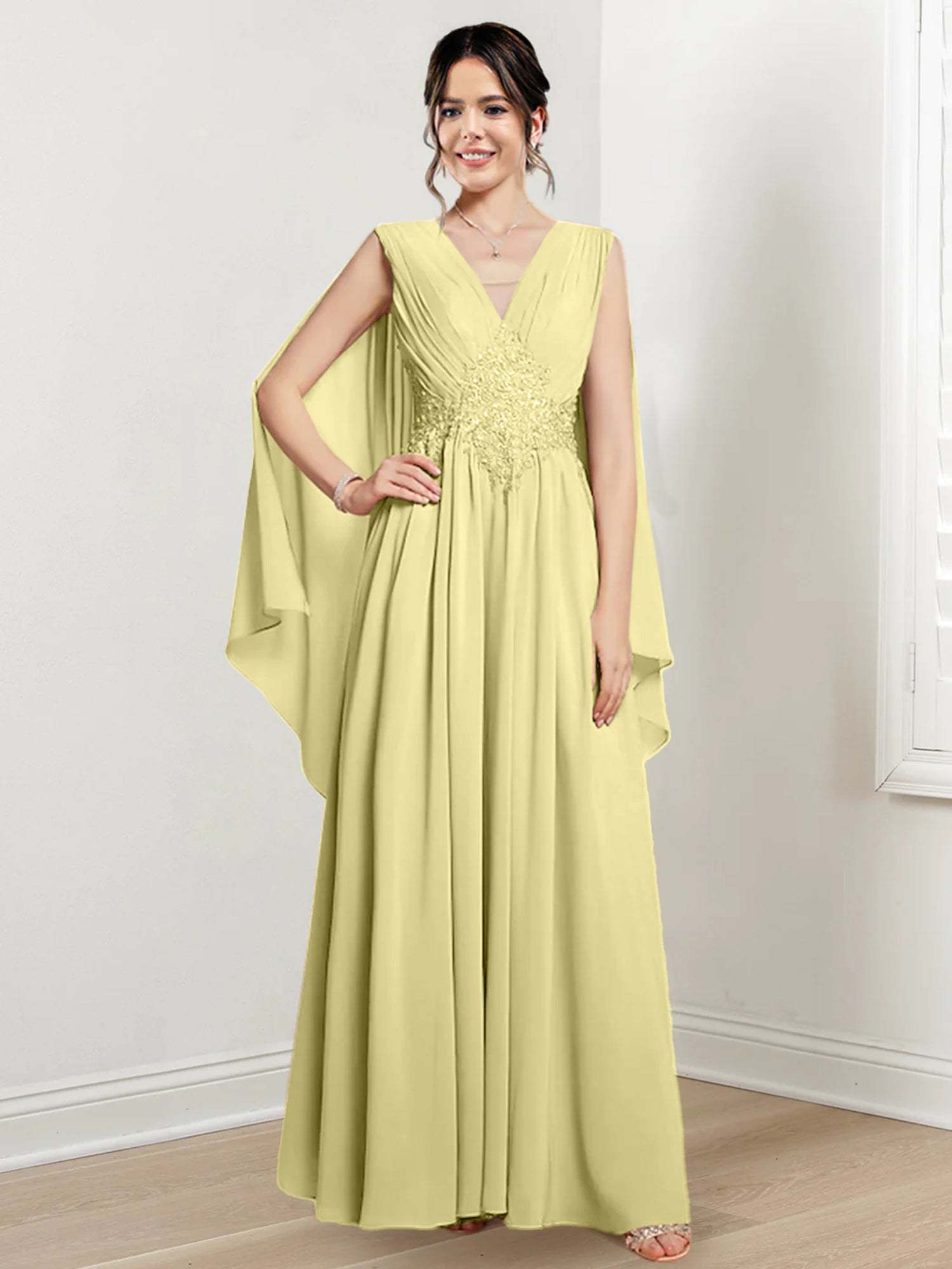 V-Neck A-Line Princess Floor-Length Dresses for the Mother of the Bride