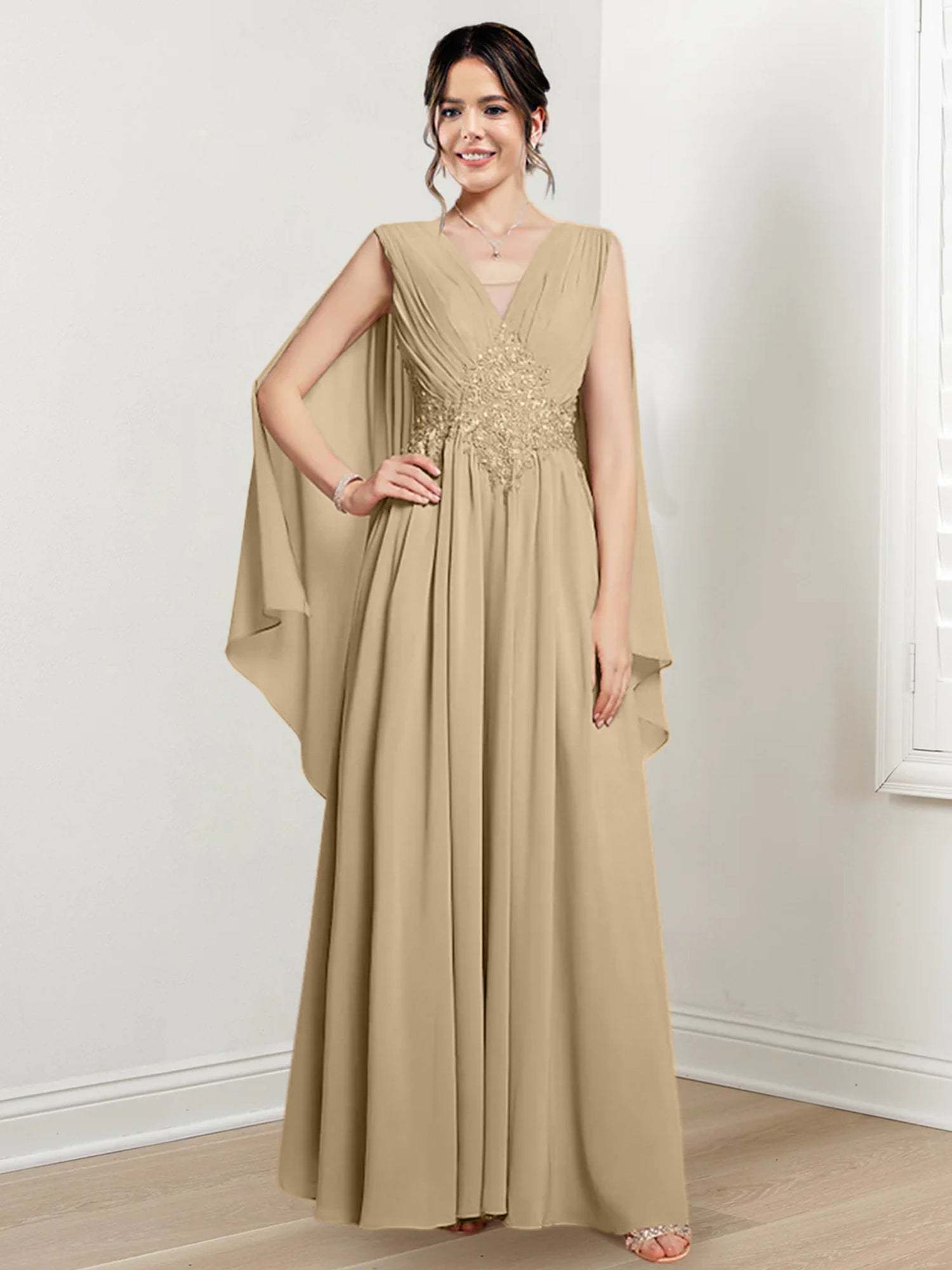 V-Neck A-Line Princess Floor-Length Dresses for the Mother of the Bride