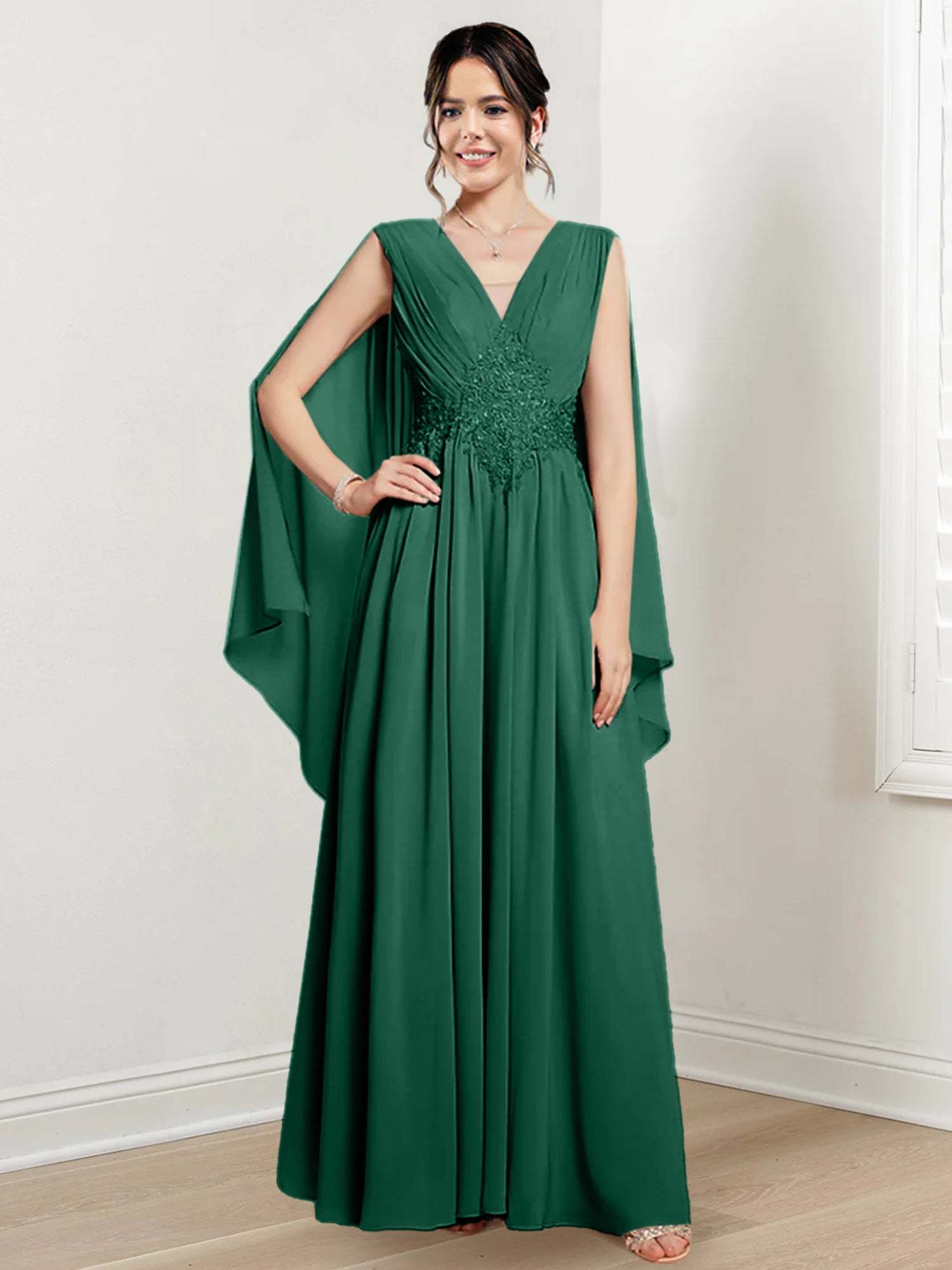V-Neck A-Line Princess Floor-Length Dresses for the Mother of the Bride