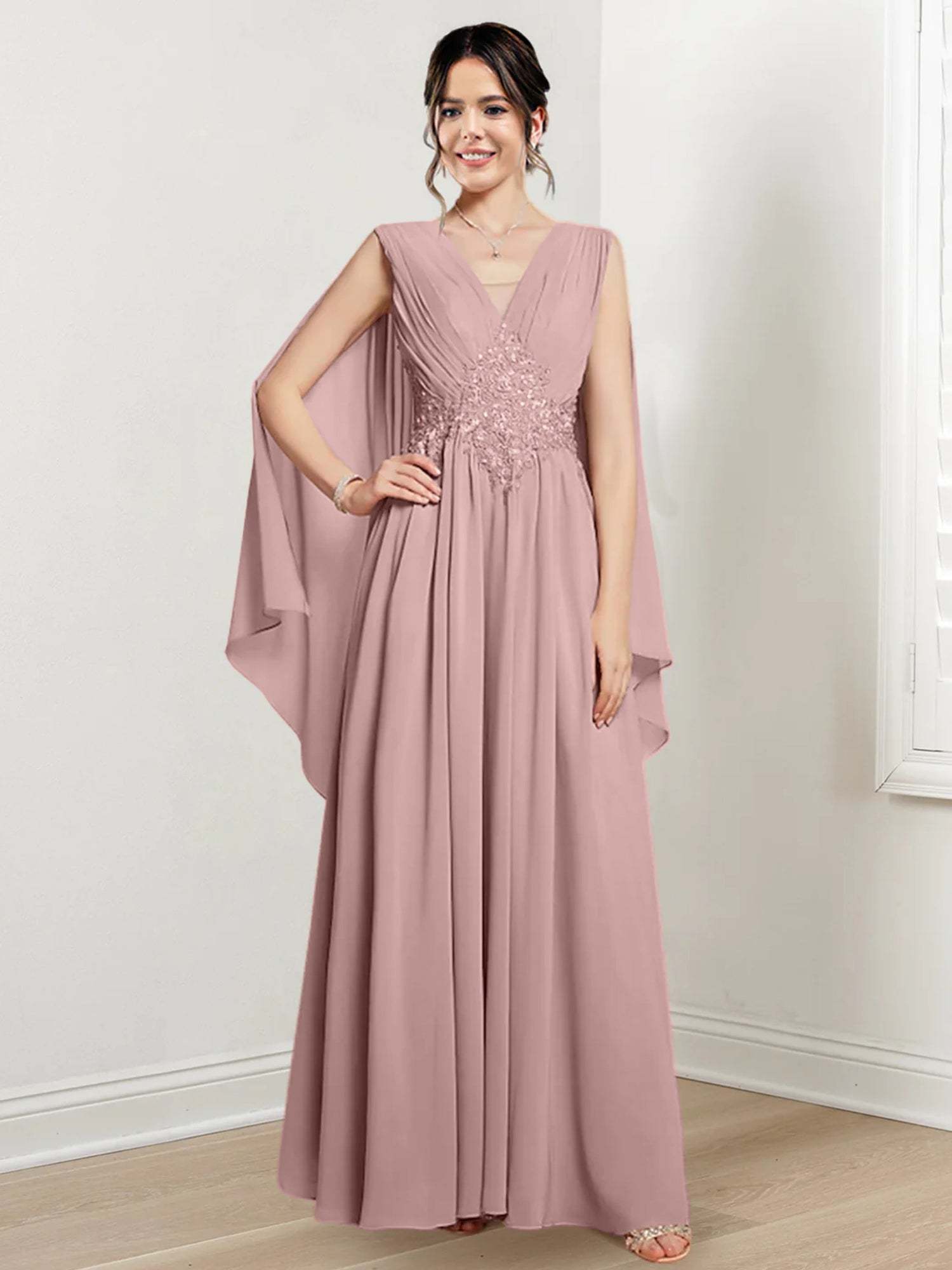 V-Neck A-Line Princess Floor-Length Dresses for the Mother of the Bride