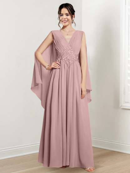 V-Neck A-Line Princess Floor-Length Dresses for the Mother of the Bride