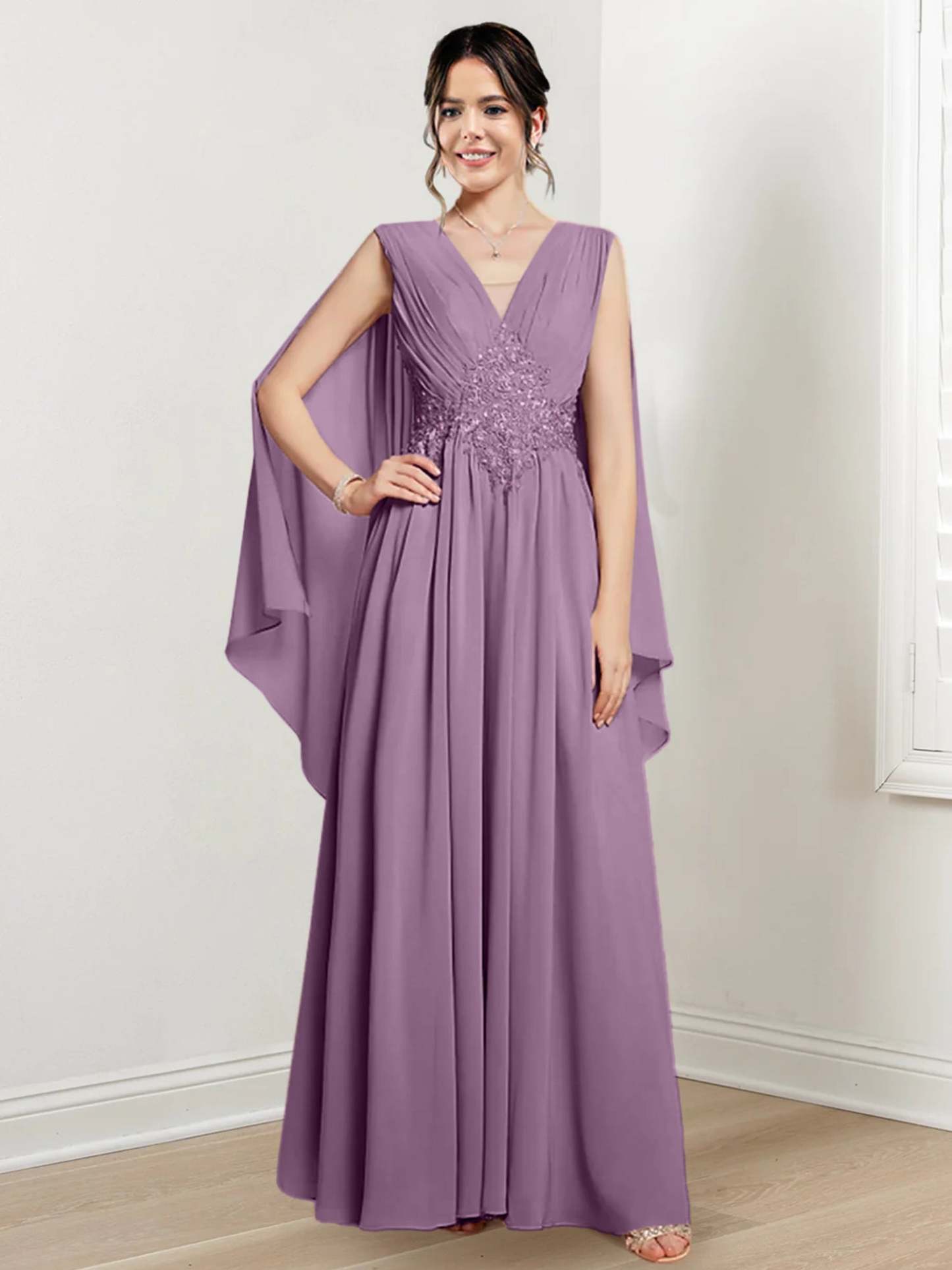 V-Neck A-Line Princess Floor-Length Dresses for the Mother of the Bride