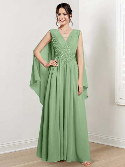 V-Neck A-Line Princess Floor-Length Dresses for the Mother of the Bride