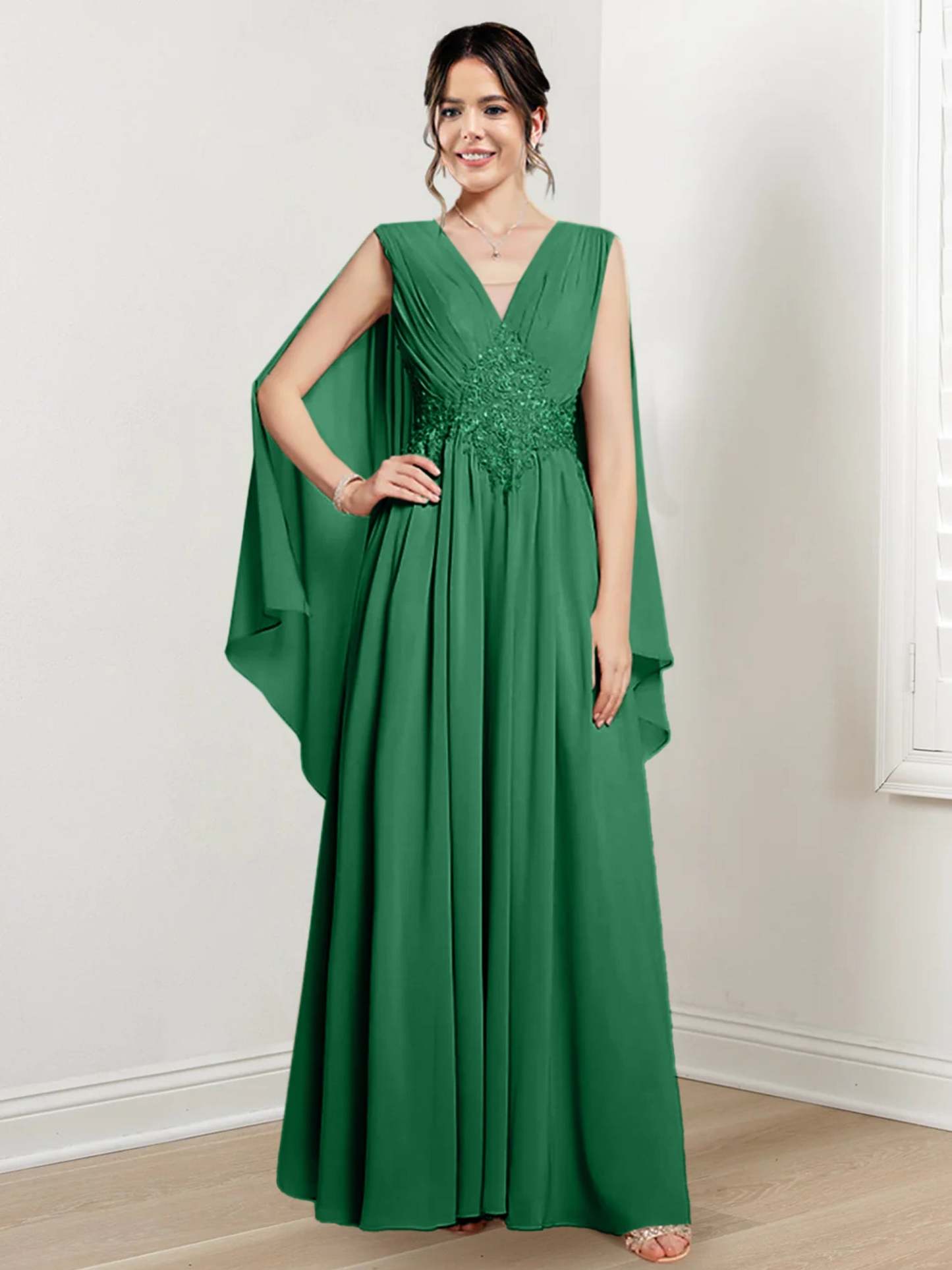 V-Neck A-Line Princess Floor-Length Dresses for the Mother of the Bride