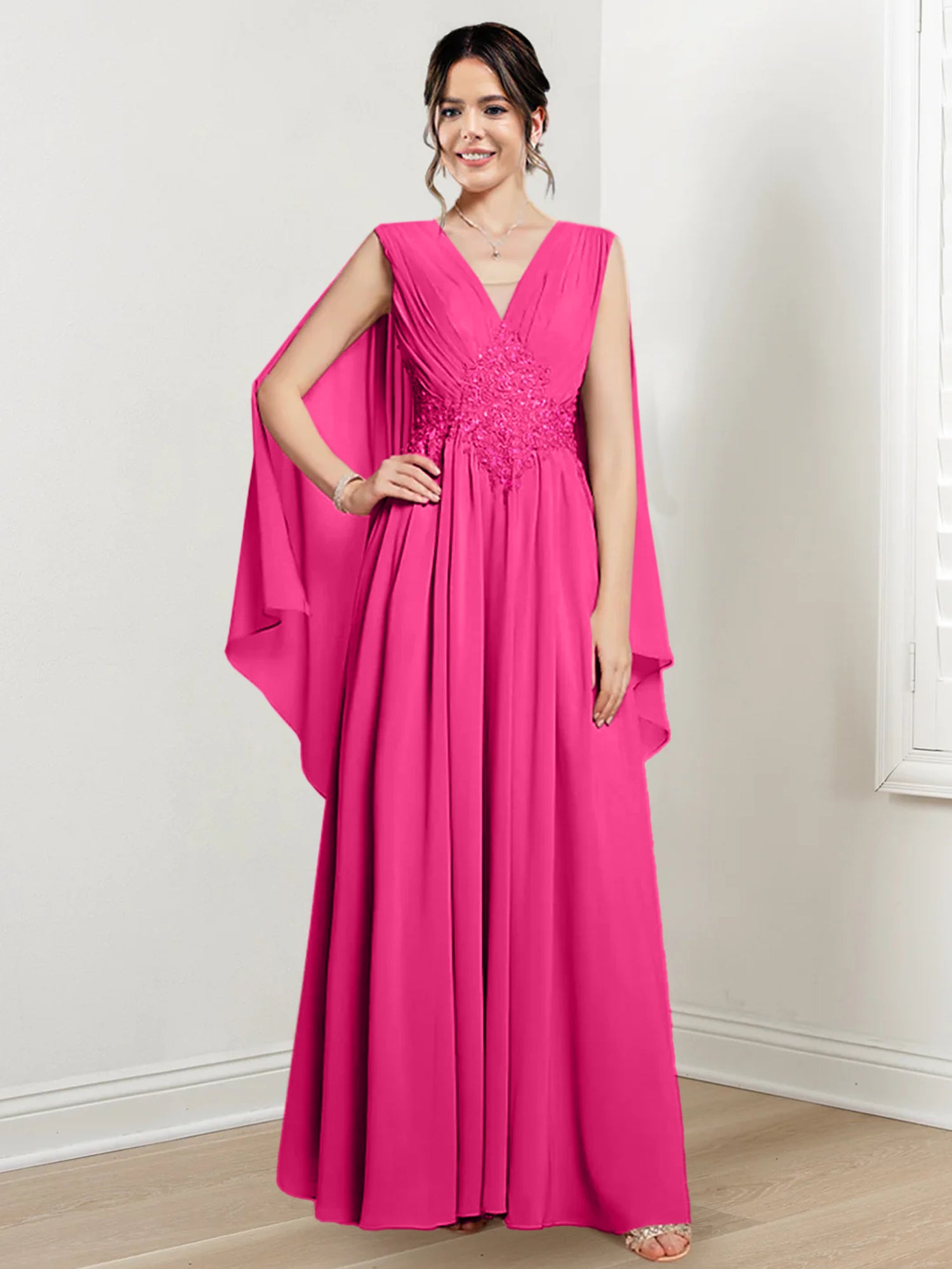V-Neck A-Line Princess Floor-Length Dresses for the Mother of the Bride