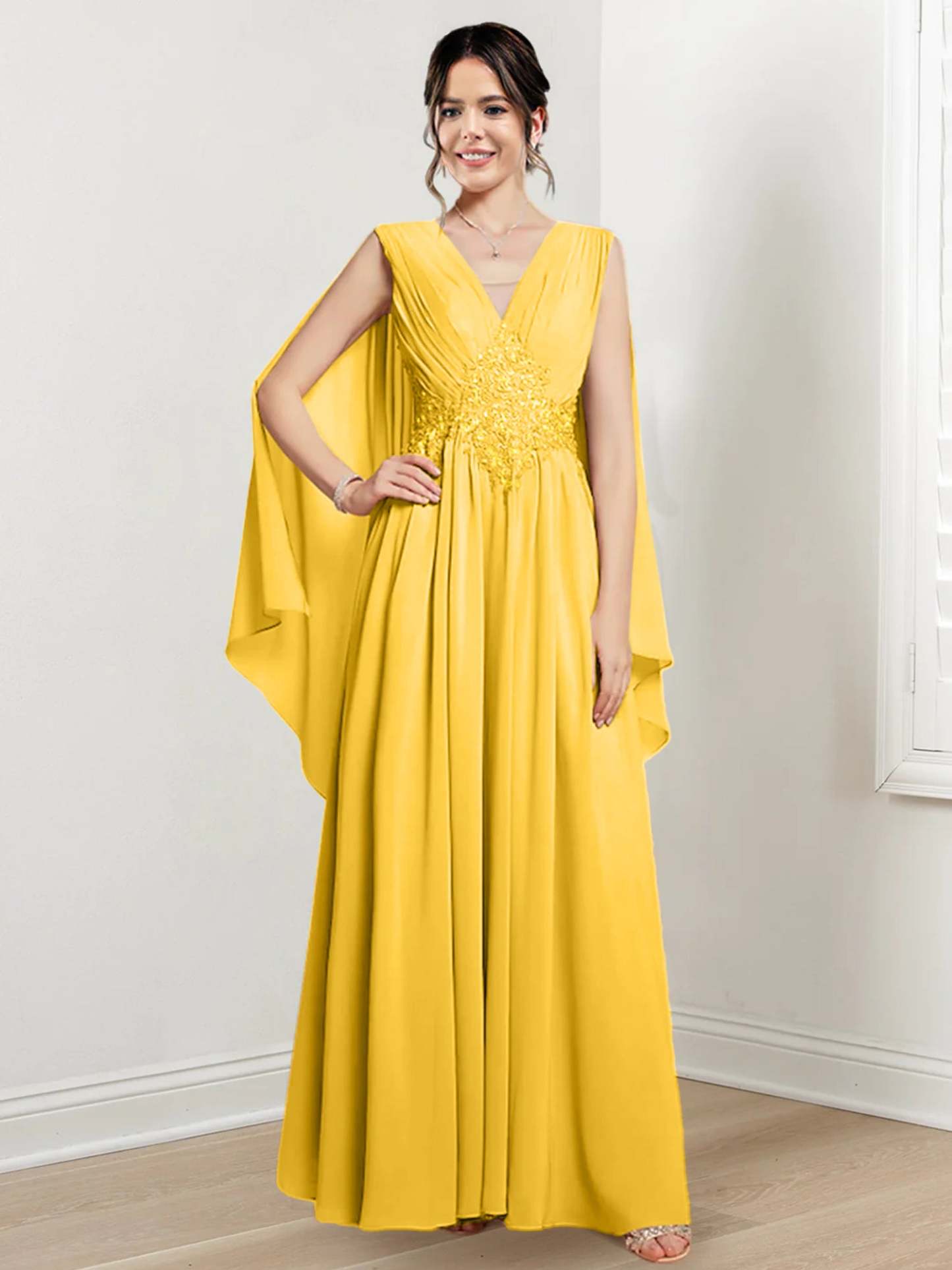 V-Neck A-Line Princess Floor-Length Dresses for the Mother of the Bride