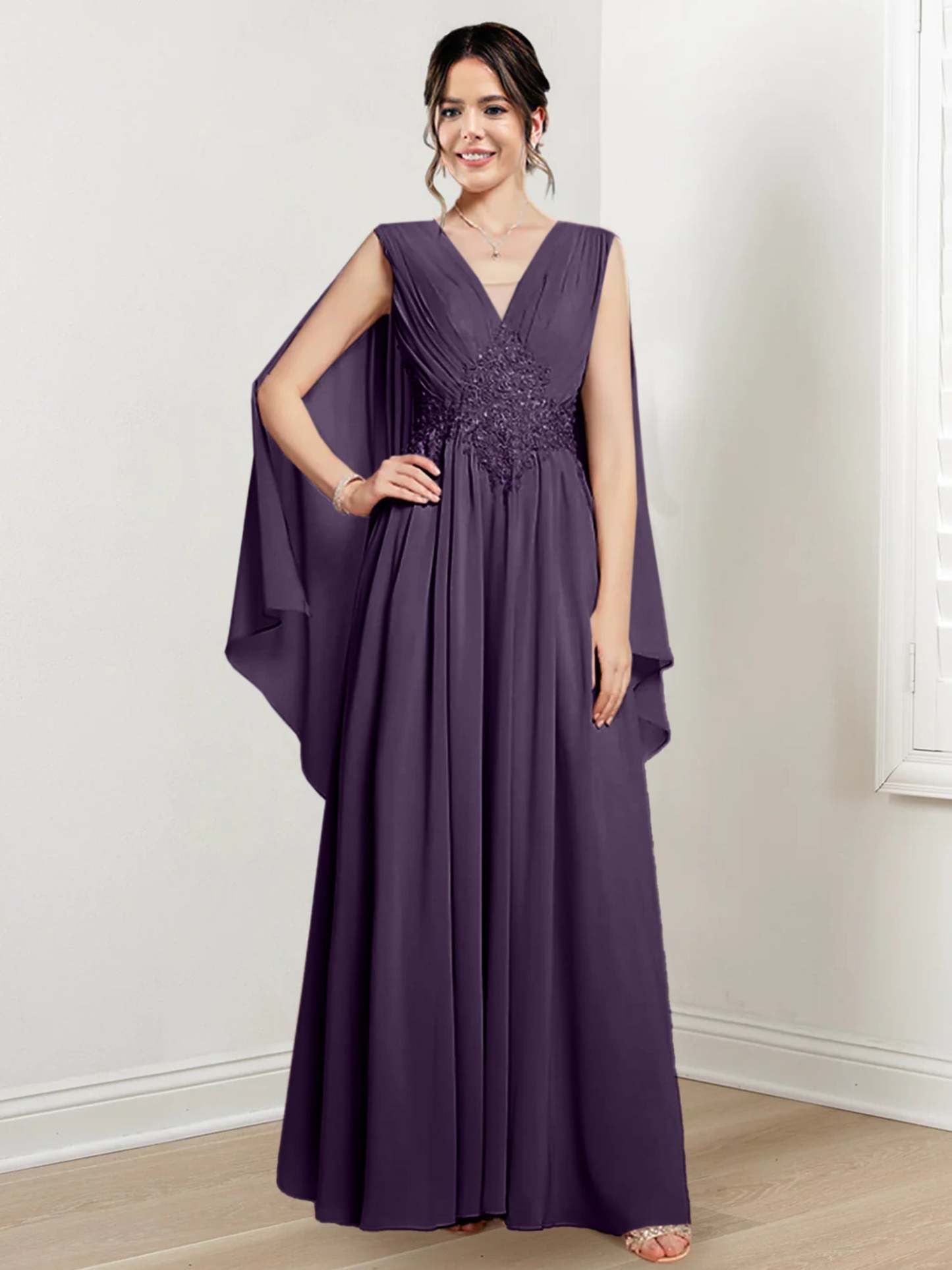 V-Neck A-Line Princess Floor-Length Dresses for the Mother of the Bride