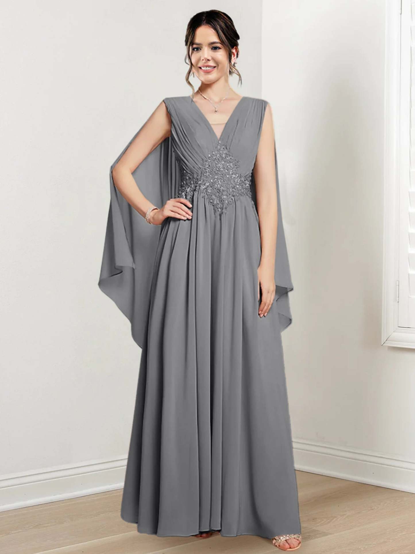 V-Neck A-Line Princess Floor-Length Dresses for the Mother of the Bride
