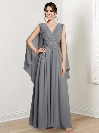 V-Neck A-Line Princess Floor-Length Dresses for the Mother of the Bride