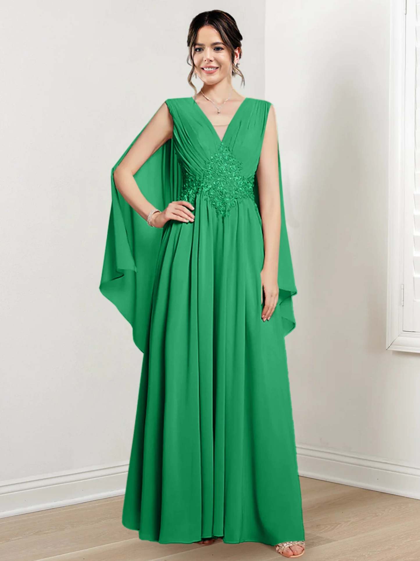 V-Neck A-Line Princess Floor-Length Dresses for the Mother of the Bride