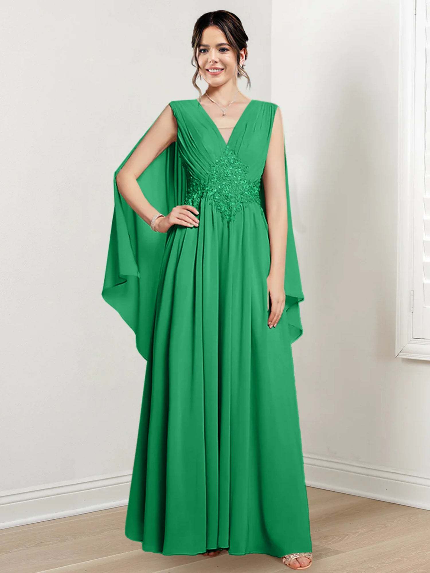 V-Neck A-Line Princess Floor-Length Dresses for the Mother of the Bride