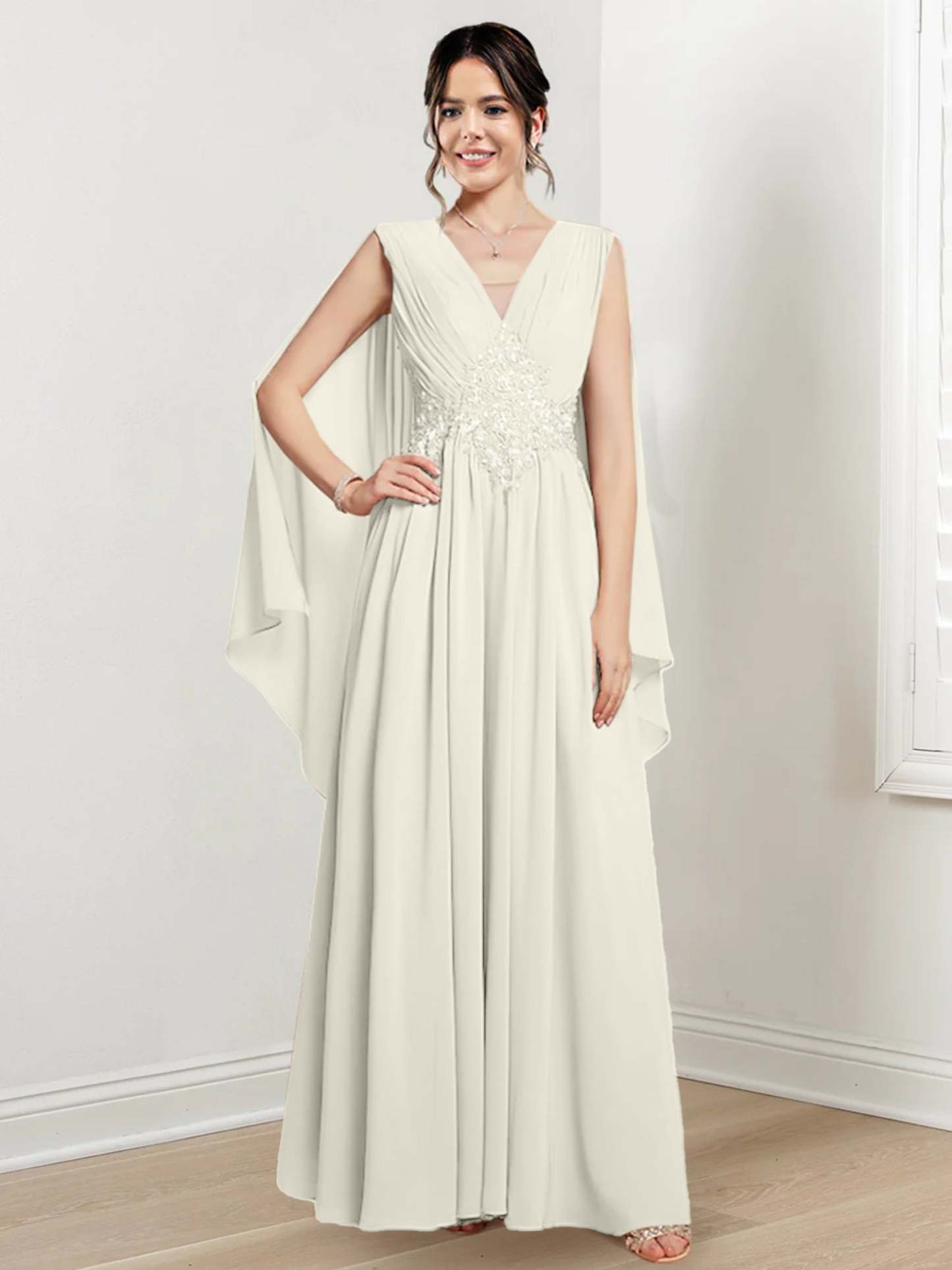 V-Neck A-Line Princess Floor-Length Dresses for the Mother of the Bride