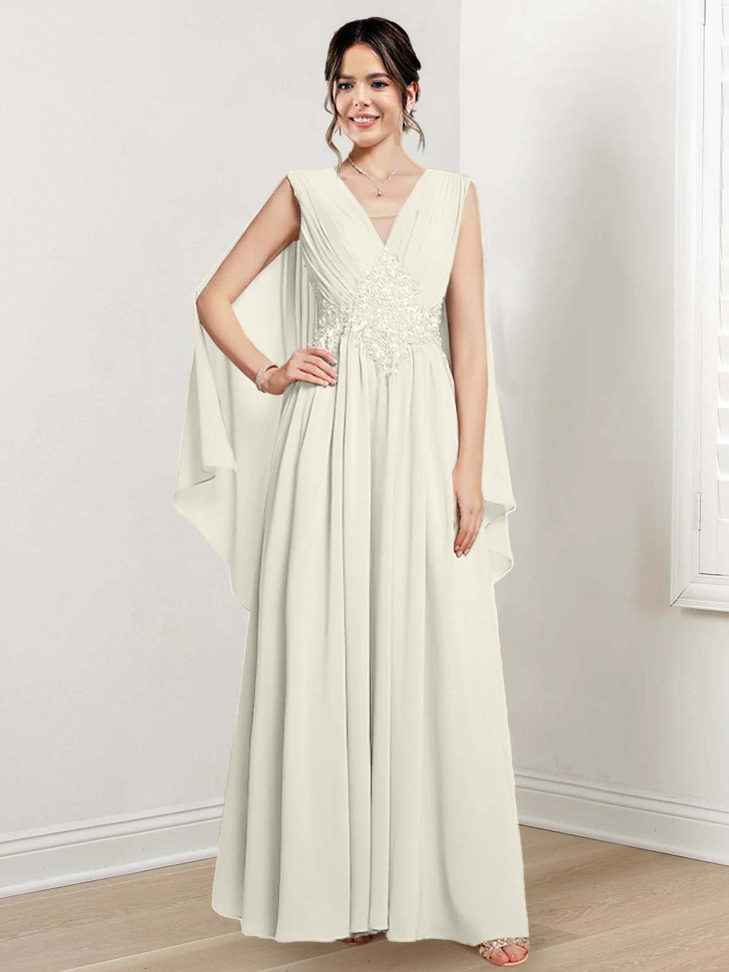 V-Neck A-Line Princess Floor-Length Dresses for the Mother of the Bride