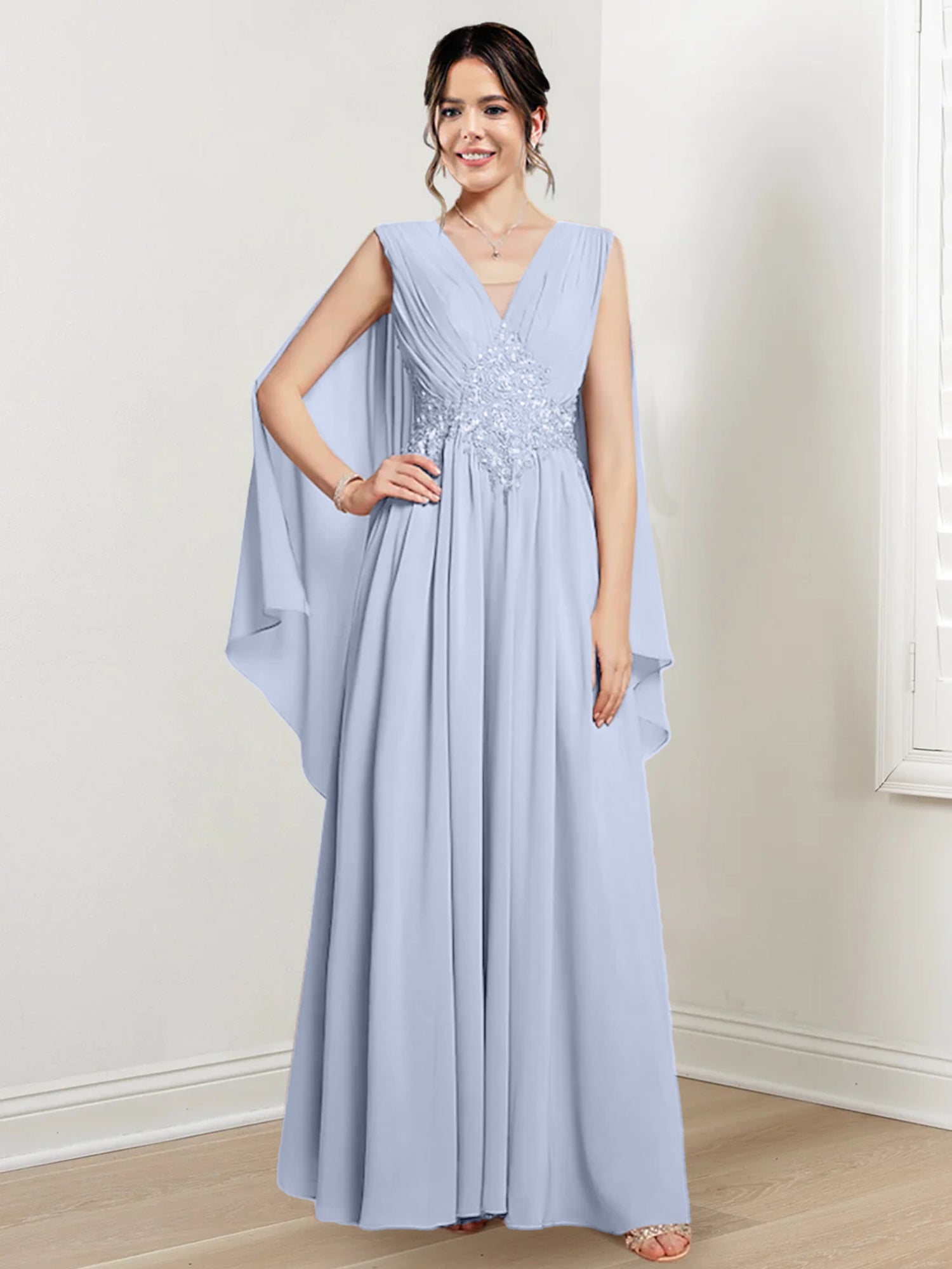 V-Neck A-Line Princess Floor-Length Dresses for the Mother of the Bride