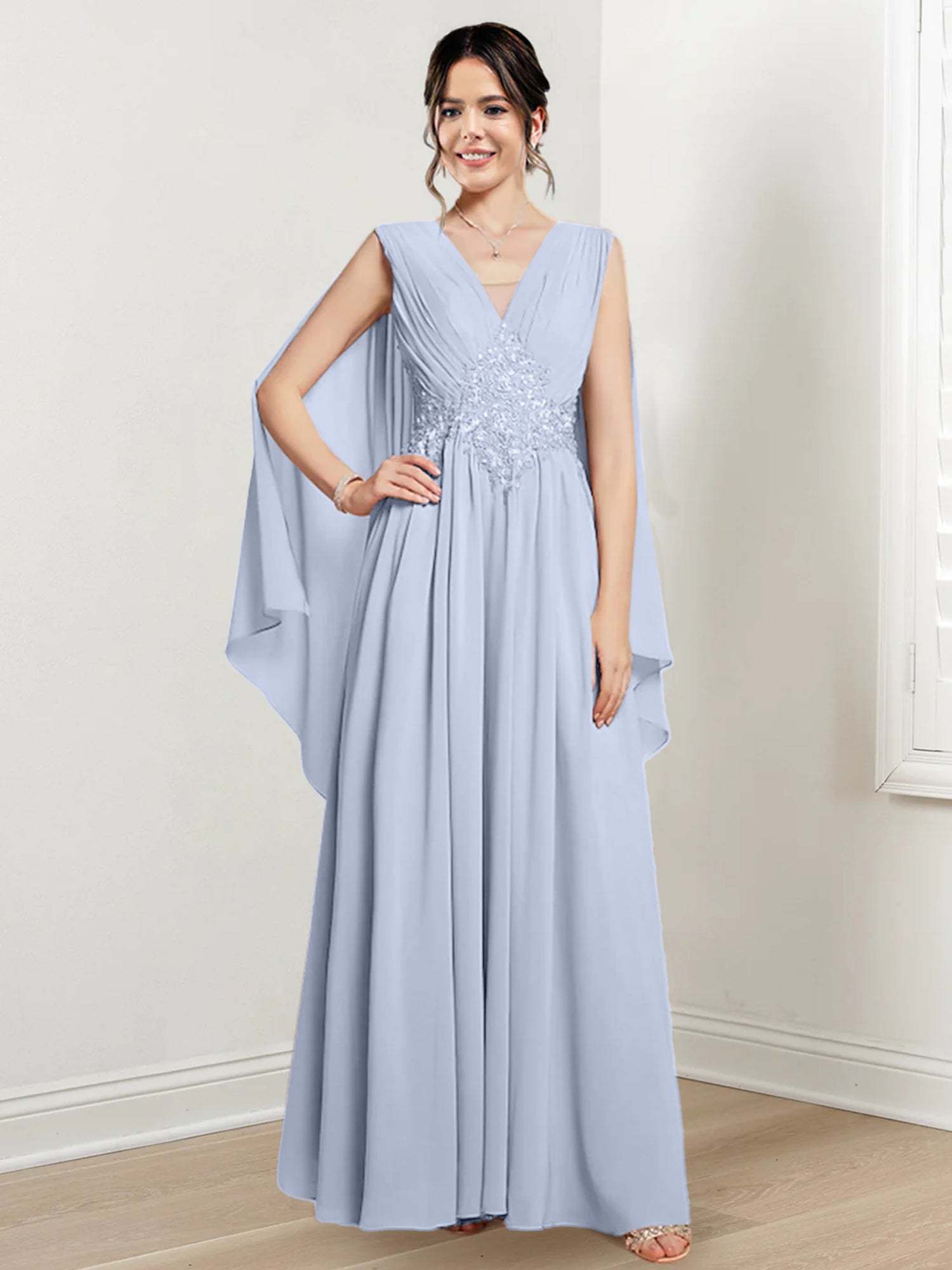 V-Neck A-Line Princess Floor-Length Dresses for the Mother of the Bride