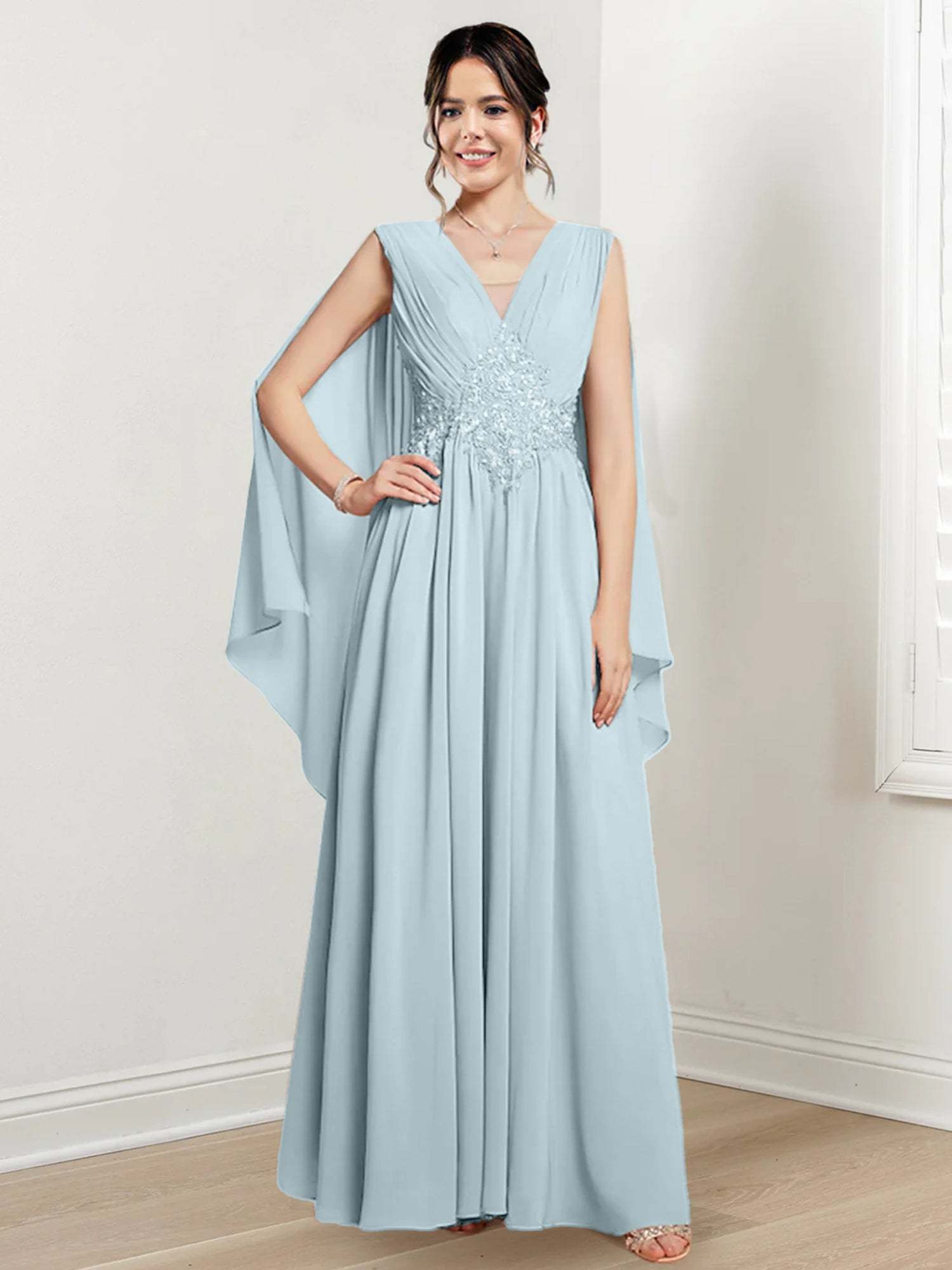 V-Neck A-Line Princess Floor-Length Dresses for the Mother of the Bride