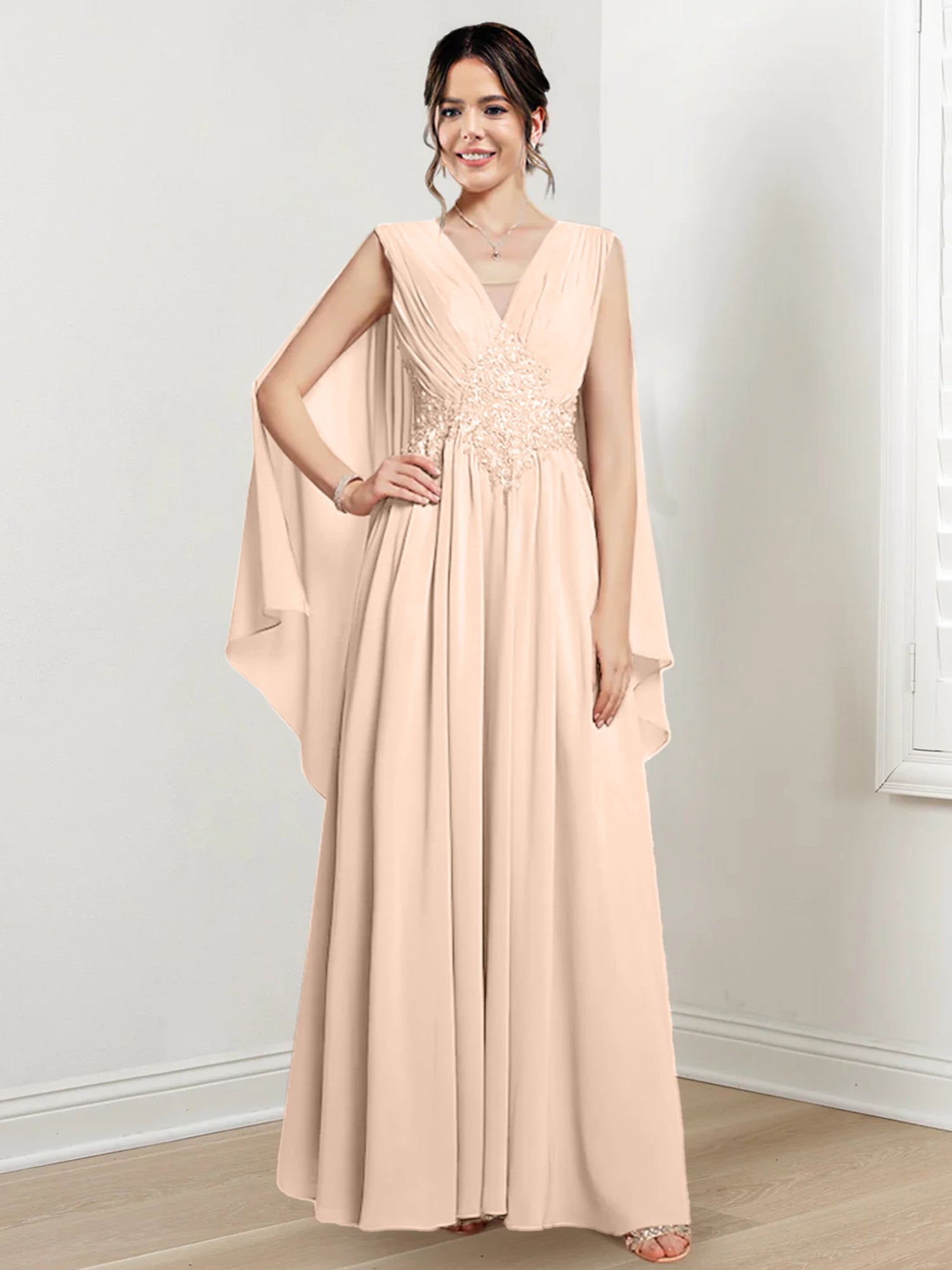 V-Neck A-Line Princess Floor-Length Dresses for the Mother of the Bride