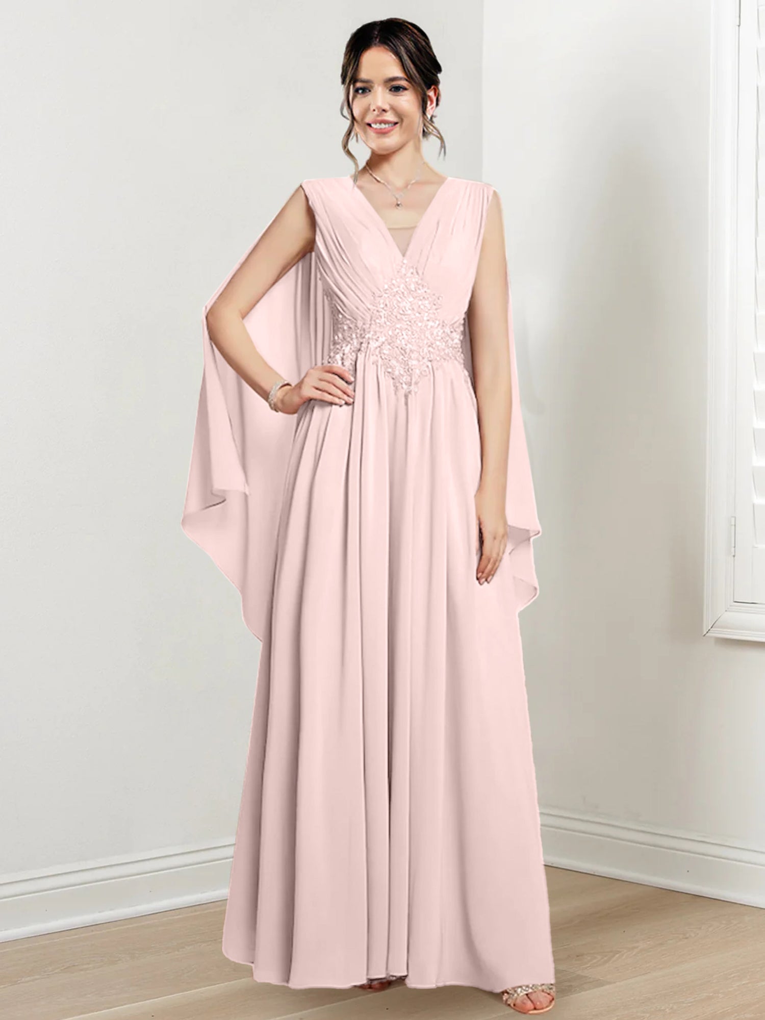 V-Neck A-Line Princess Floor-Length Dresses for the Mother of the Bride