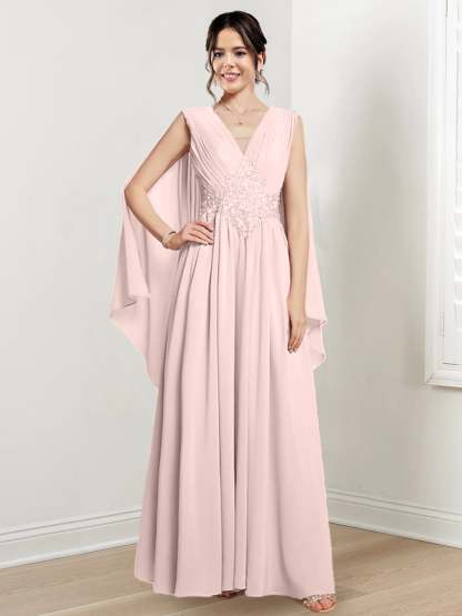 V-Neck A-Line Princess Floor-Length Dresses for the Mother of the Bride