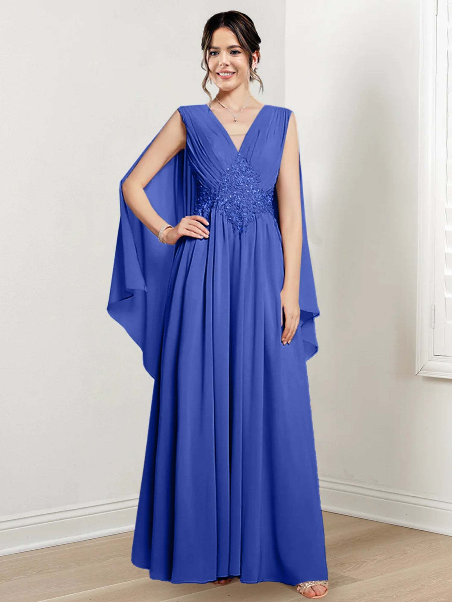 V-Neck A-Line Princess Floor-Length Dresses for the Mother of the Bride