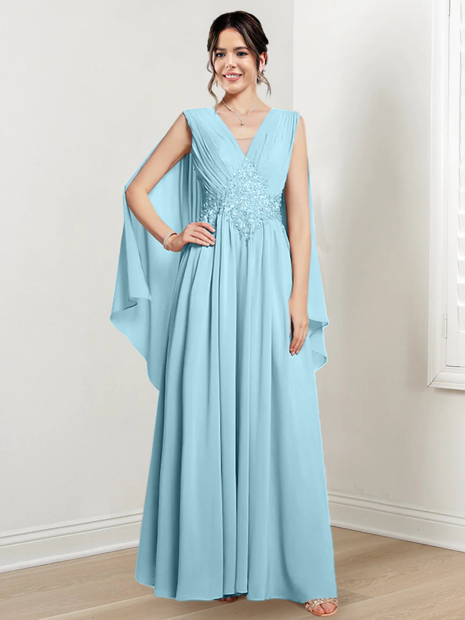 V-Neck A-Line Princess Floor-Length Dresses for the Mother of the Bride