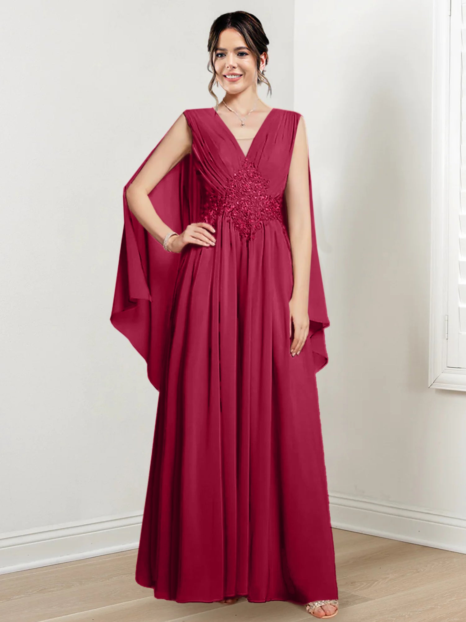 V-Neck A-Line Princess Floor-Length Dresses for the Mother of the Bride