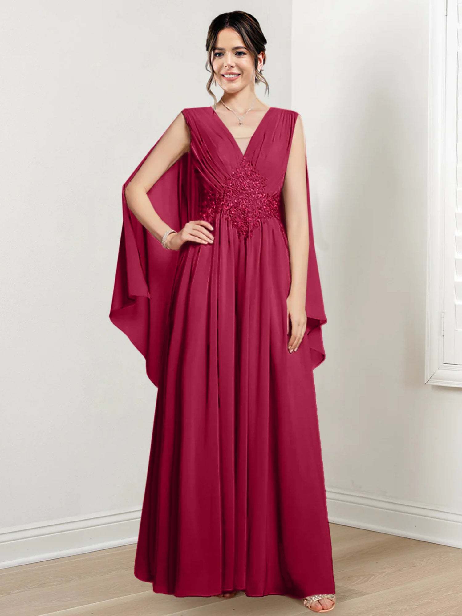 V-Neck A-Line Princess Floor-Length Dresses for the Mother of the Bride