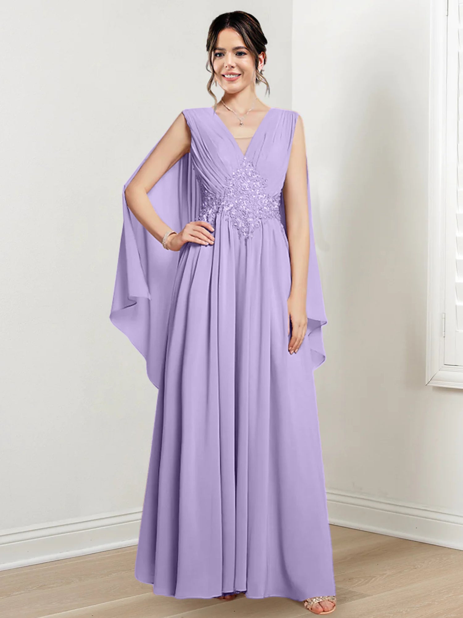 V-Neck A-Line Princess Floor-Length Dresses for the Mother of the Bride