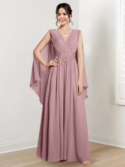 V-Neck A-Line Princess Floor-Length Dresses for the Mother of the Bride