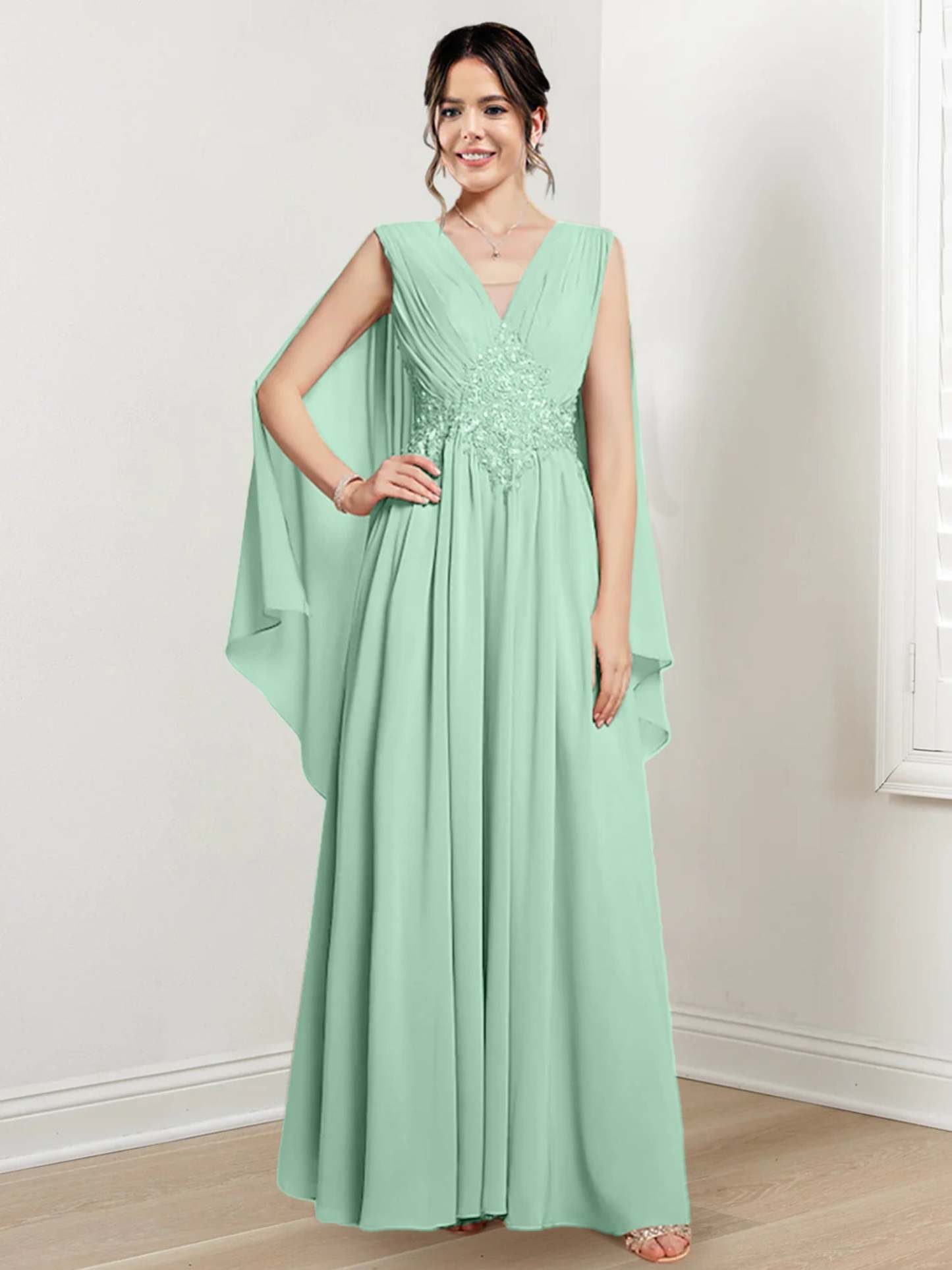 V-Neck A-Line Princess Floor-Length Dresses for the Mother of the Bride