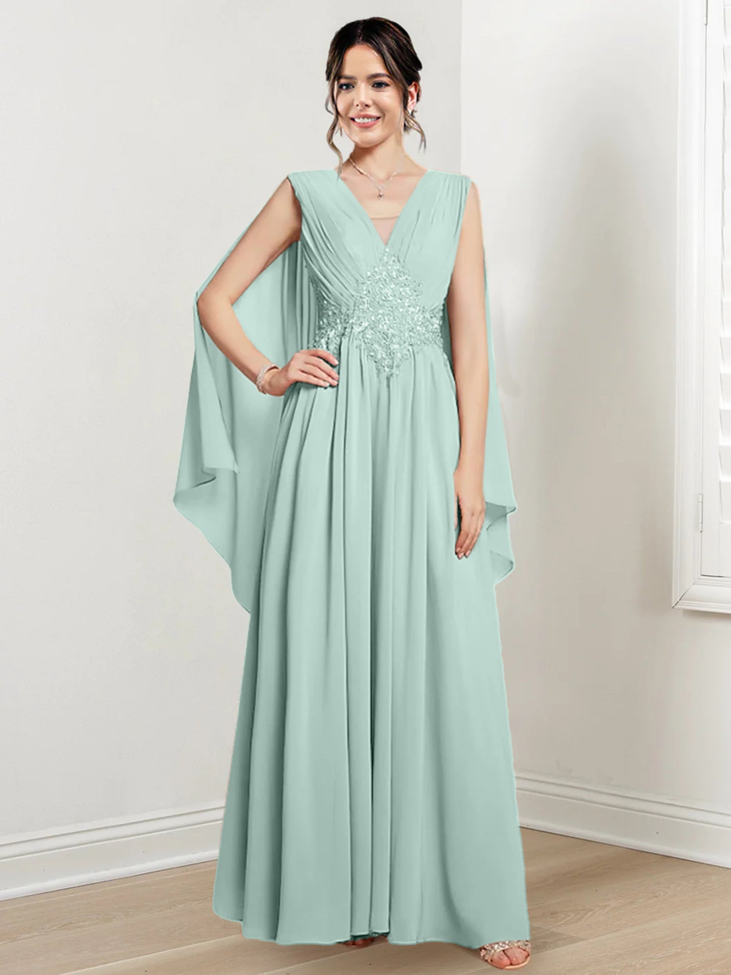 V-Neck A-Line Princess Floor-Length Dresses for the Mother of the Bride