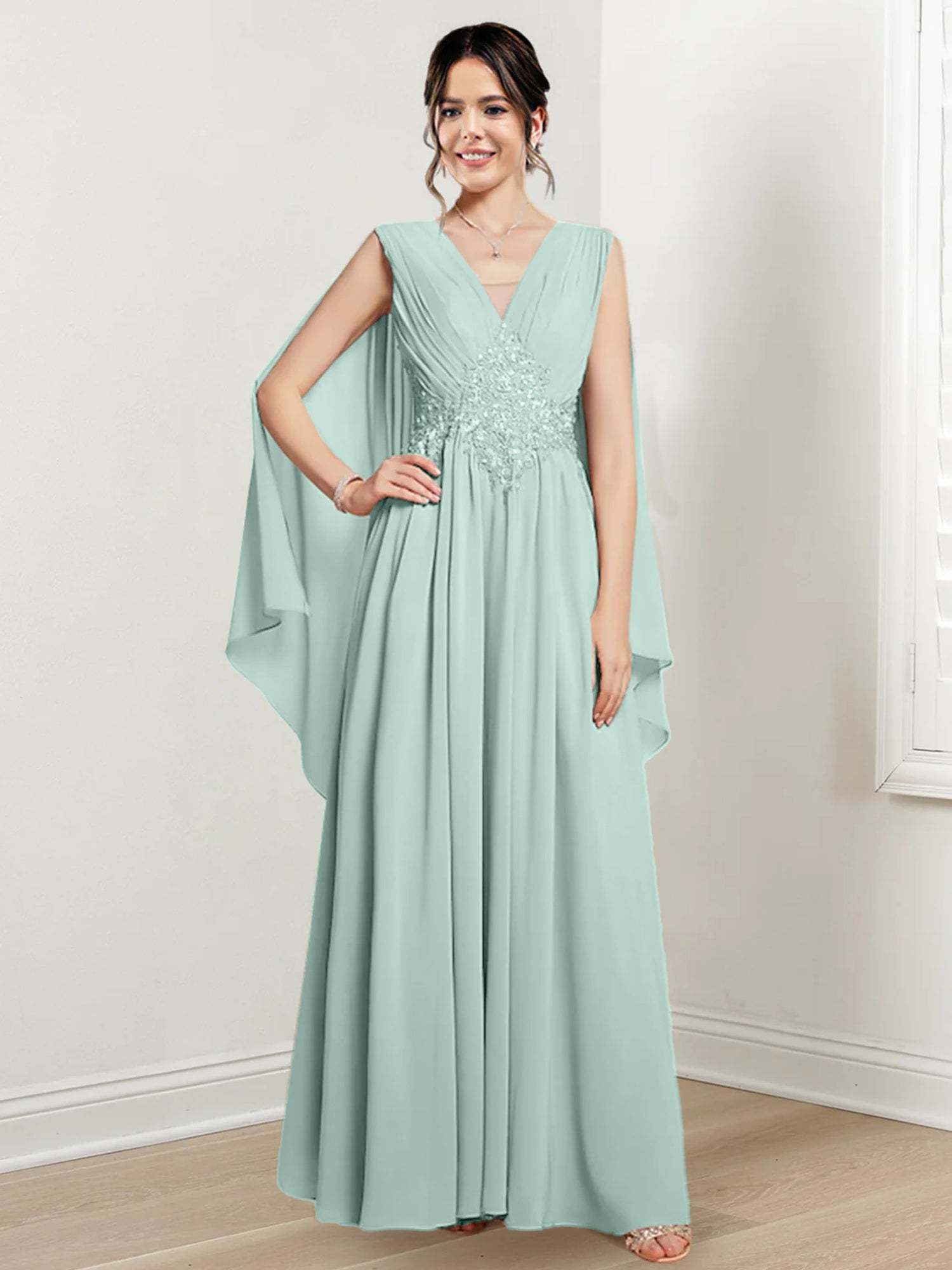V-Neck A-Line Princess Floor-Length Dresses for the Mother of the Bride