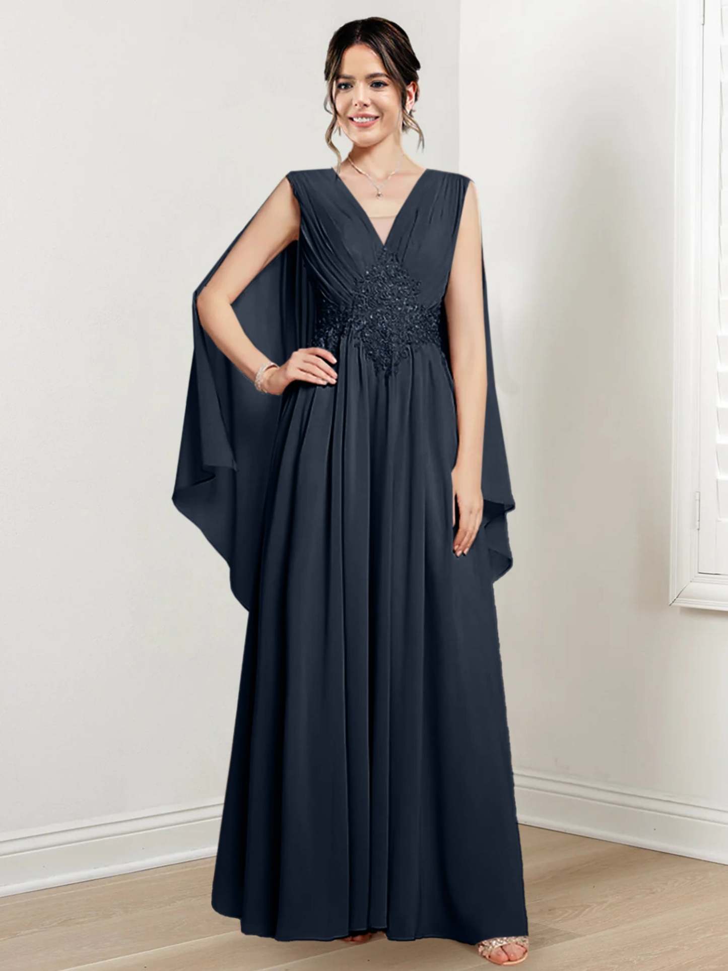 V-Neck A-Line Princess Floor-Length Dresses for the Mother of the Bride