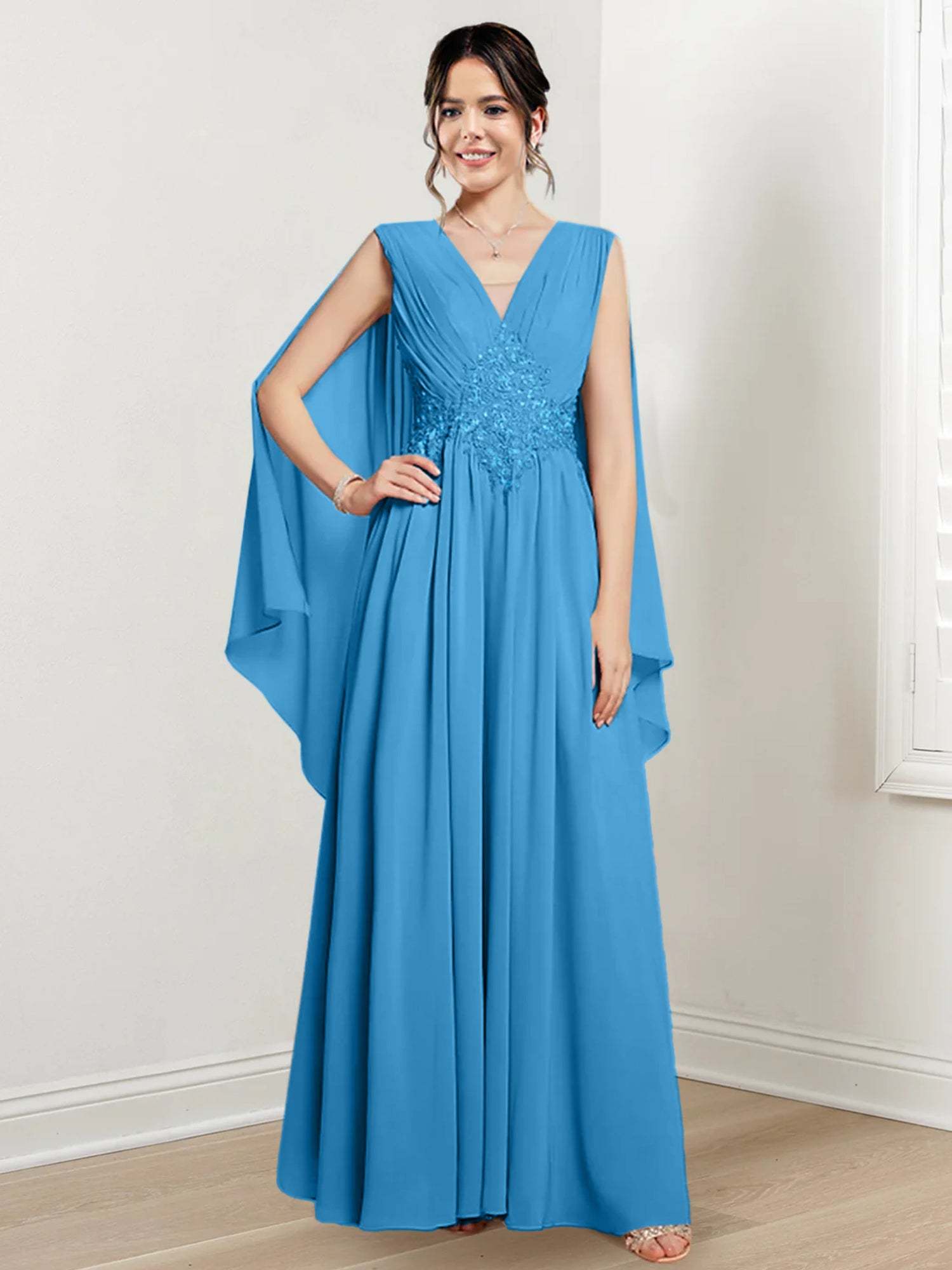 V-Neck A-Line Princess Floor-Length Dresses for the Mother of the Bride