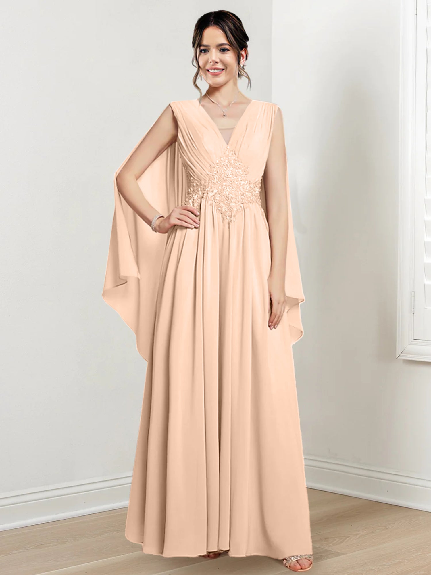 V-Neck A-Line Princess Floor-Length Dresses for the Mother of the Bride