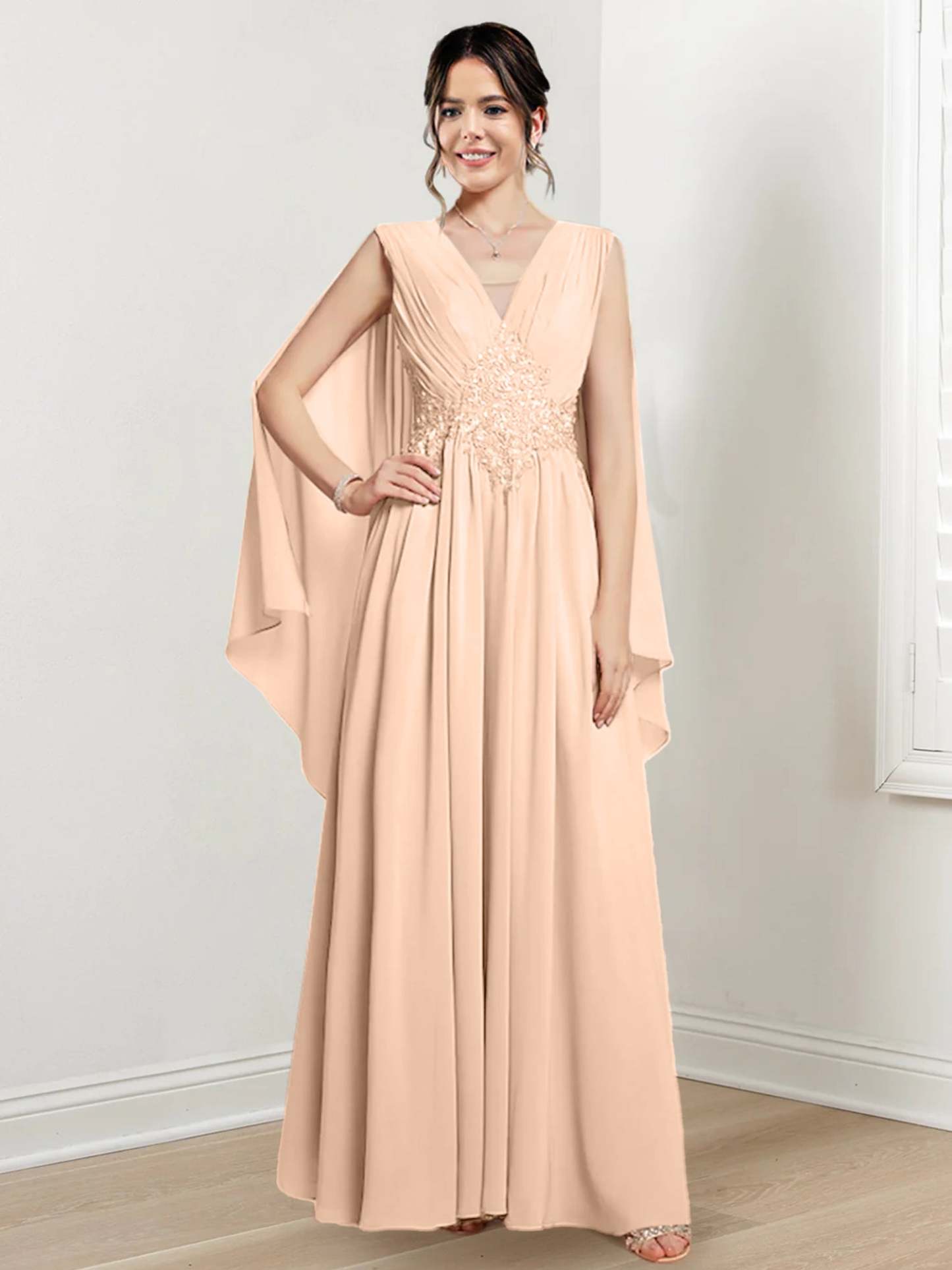 V-Neck A-Line Princess Floor-Length Dresses for the Mother of the Bride