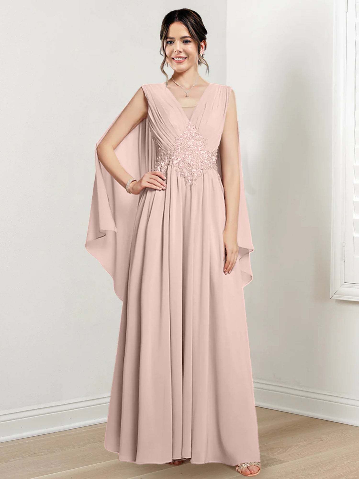 V-Neck A-Line Princess Floor-Length Dresses for the Mother of the Bride