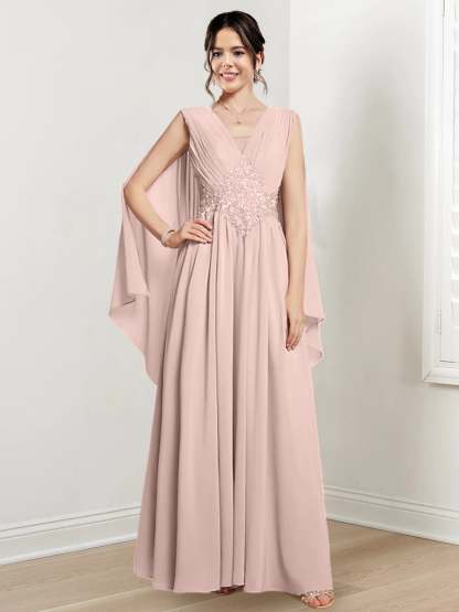 V-Neck A-Line Princess Floor-Length Dresses for the Mother of the Bride
