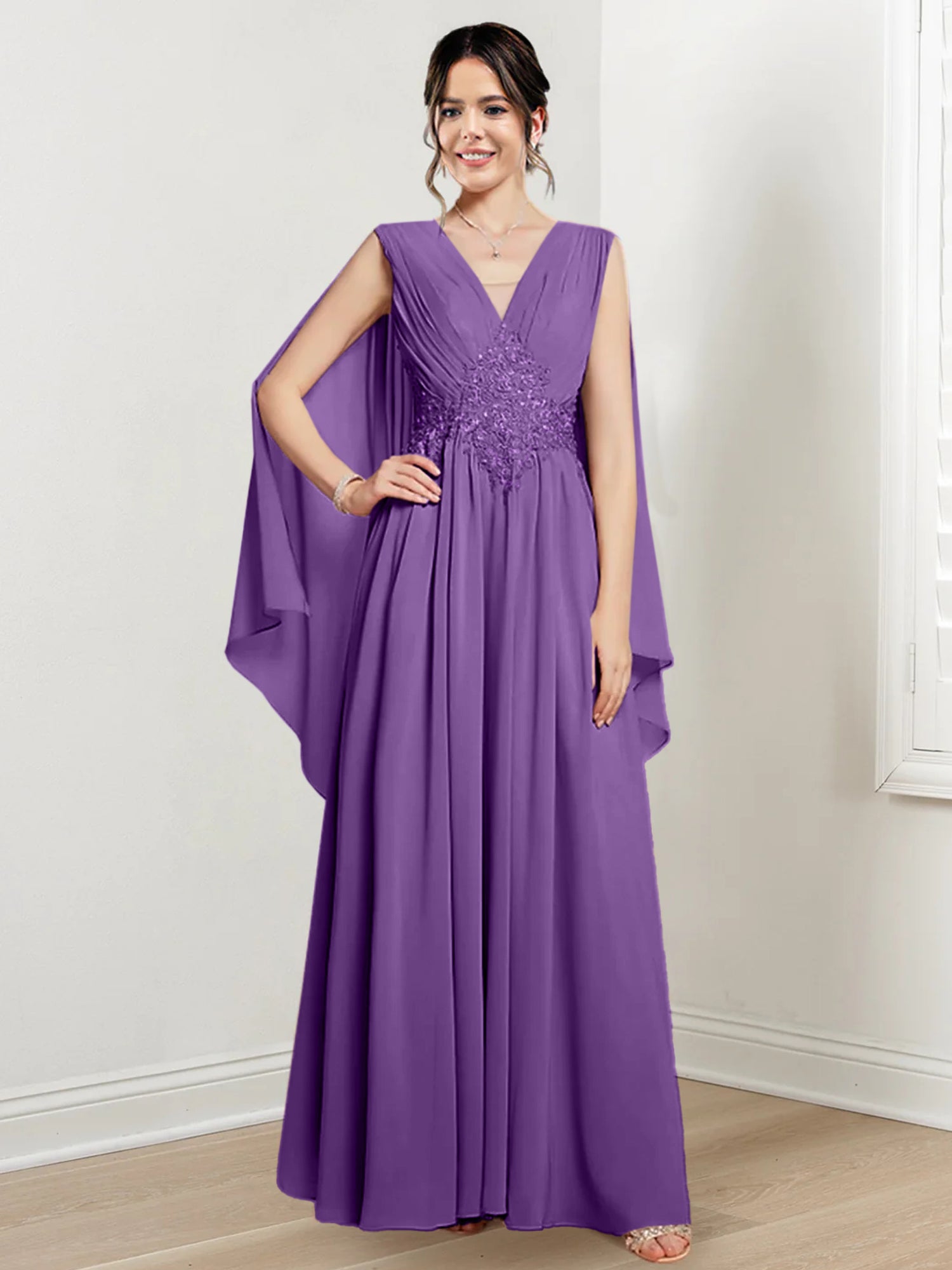 V-Neck A-Line Princess Floor-Length Dresses for the Mother of the Bride
