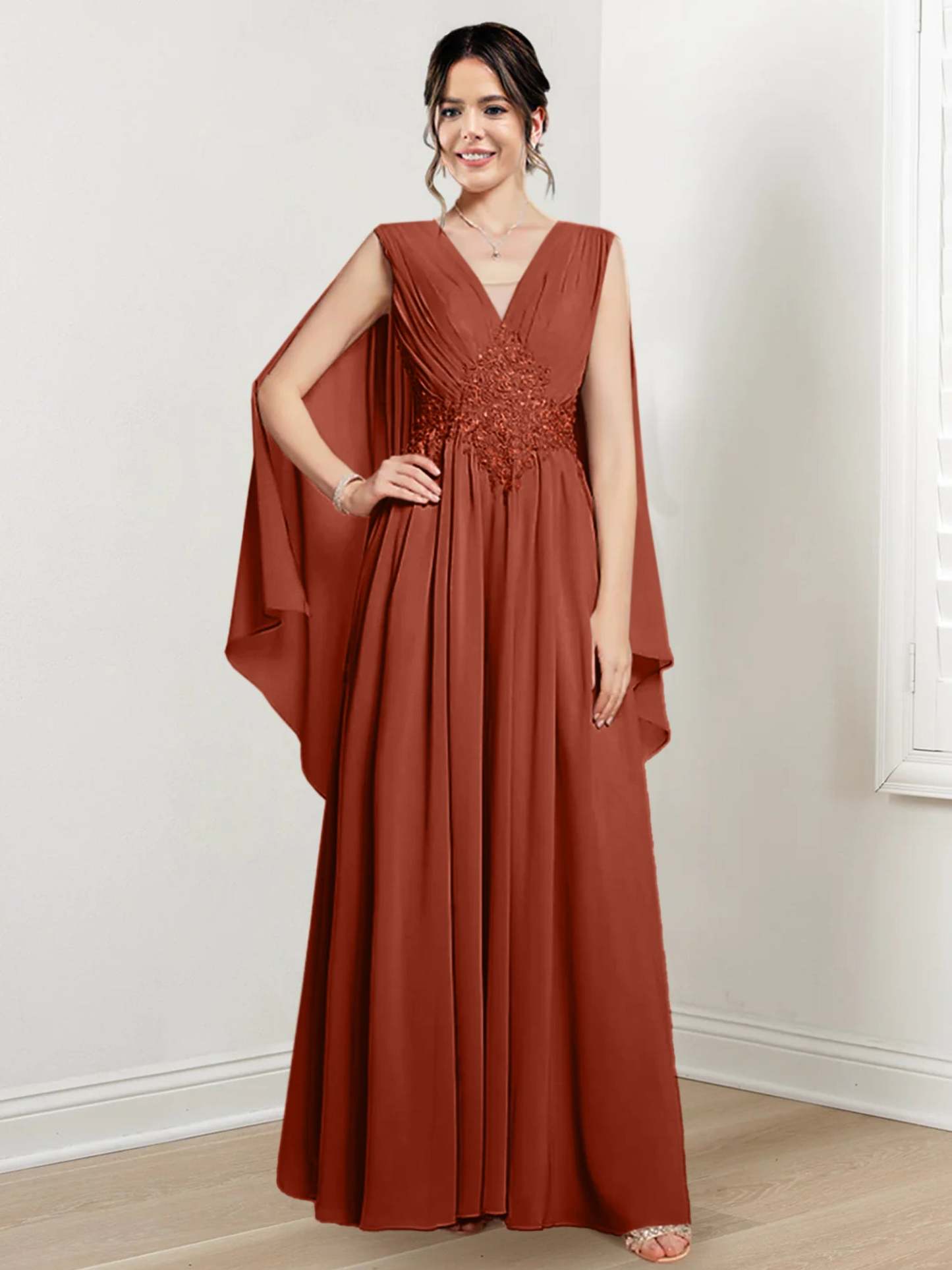 V-Neck A-Line Princess Floor-Length Dresses for the Mother of the Bride