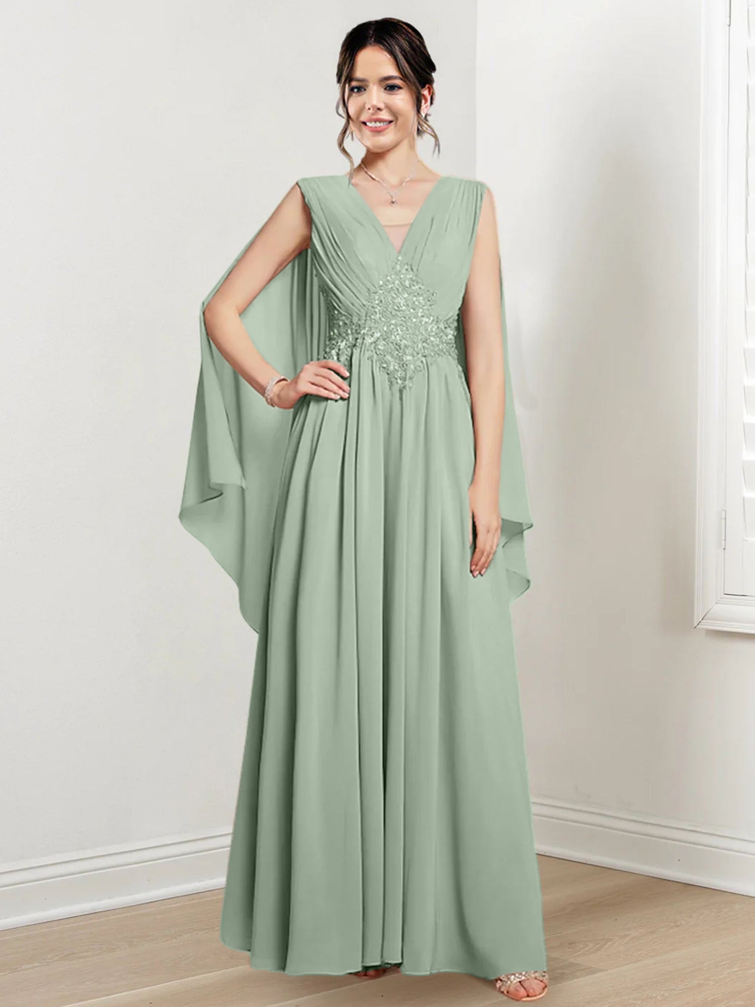 V-Neck A-Line Princess Floor-Length Dresses for the Mother of the Bride