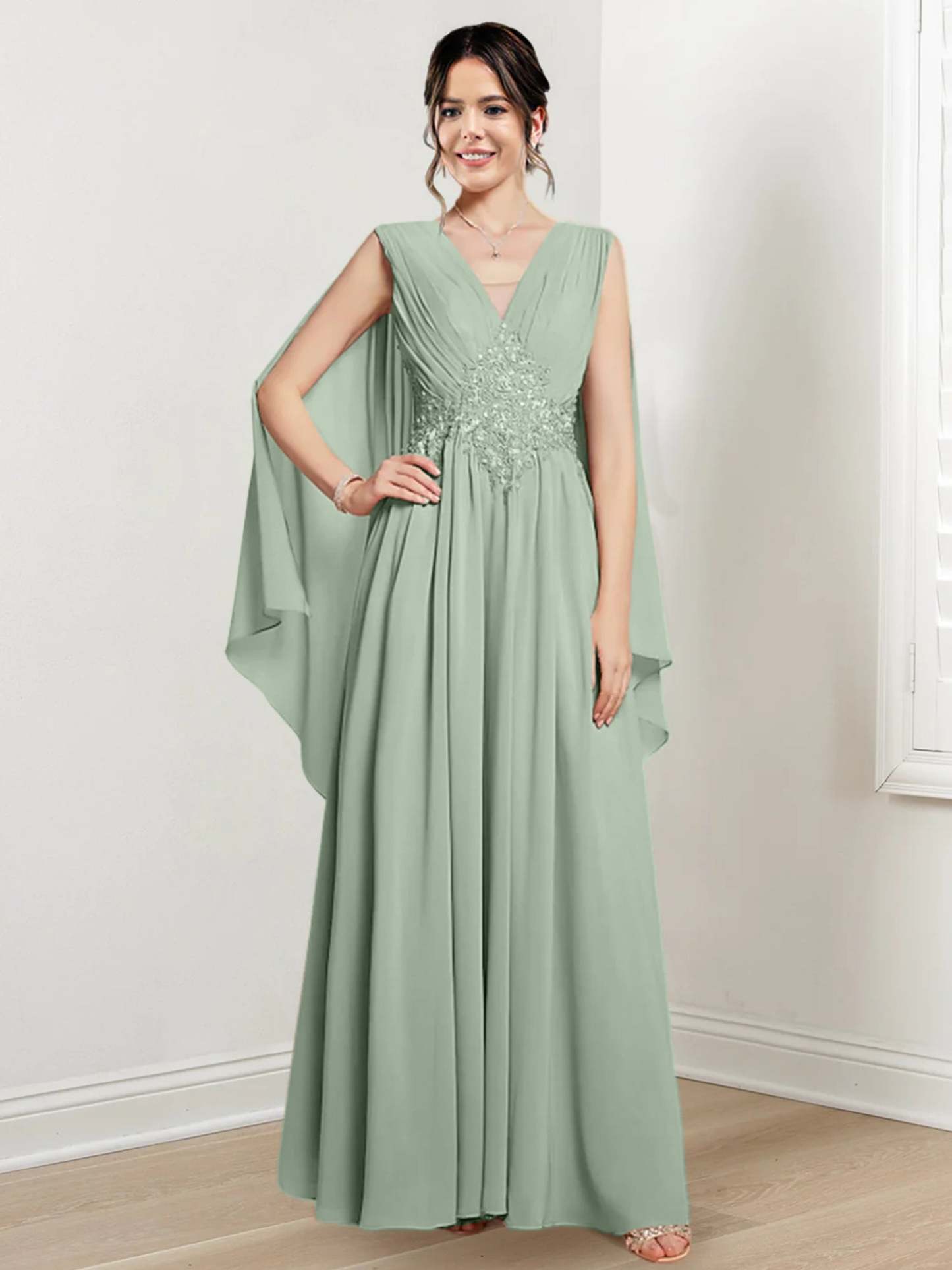 V-Neck A-Line Princess Floor-Length Dresses for the Mother of the Bride
