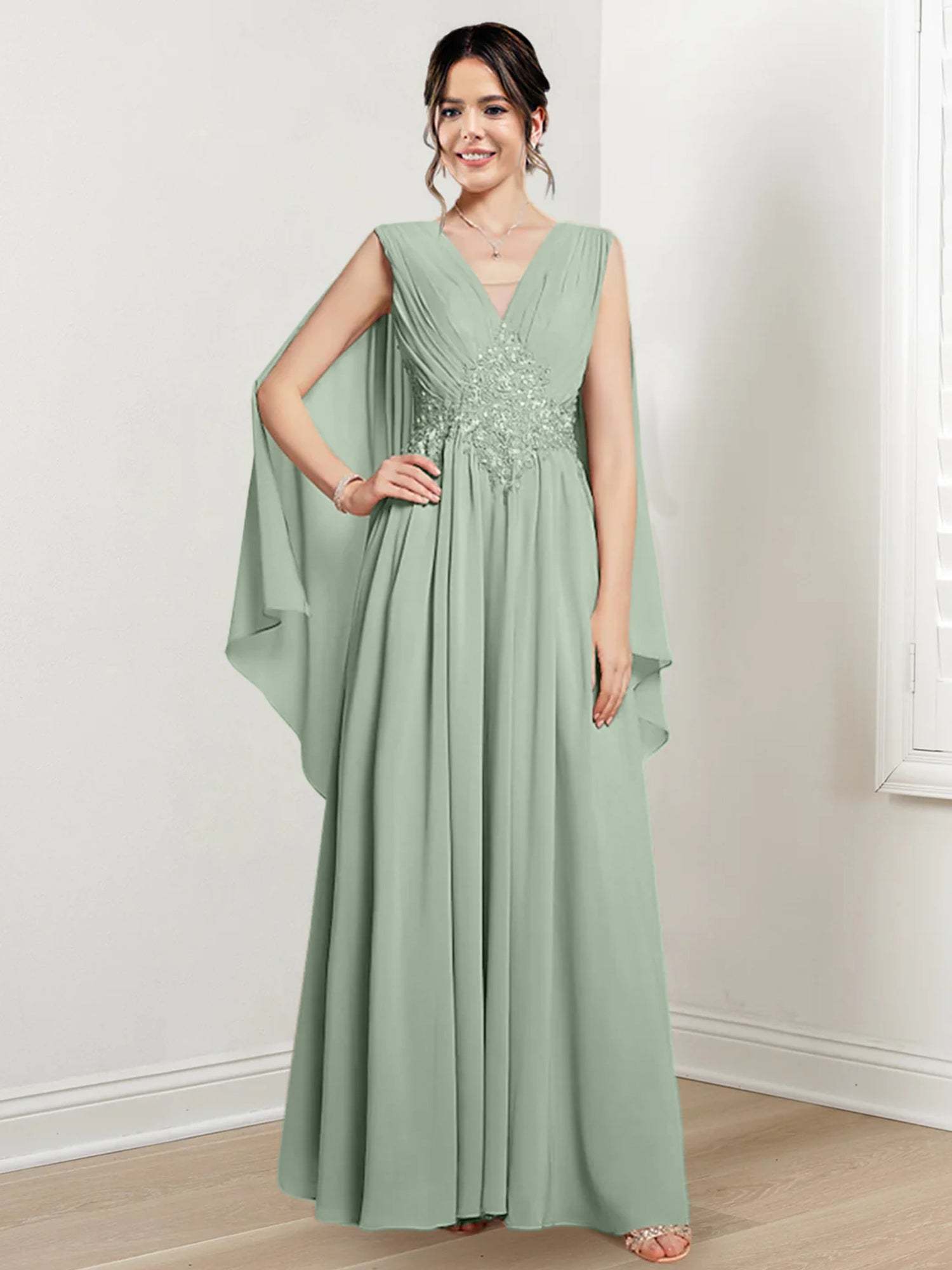 V-Neck A-Line Princess Floor-Length Dresses for the Mother of the Bride