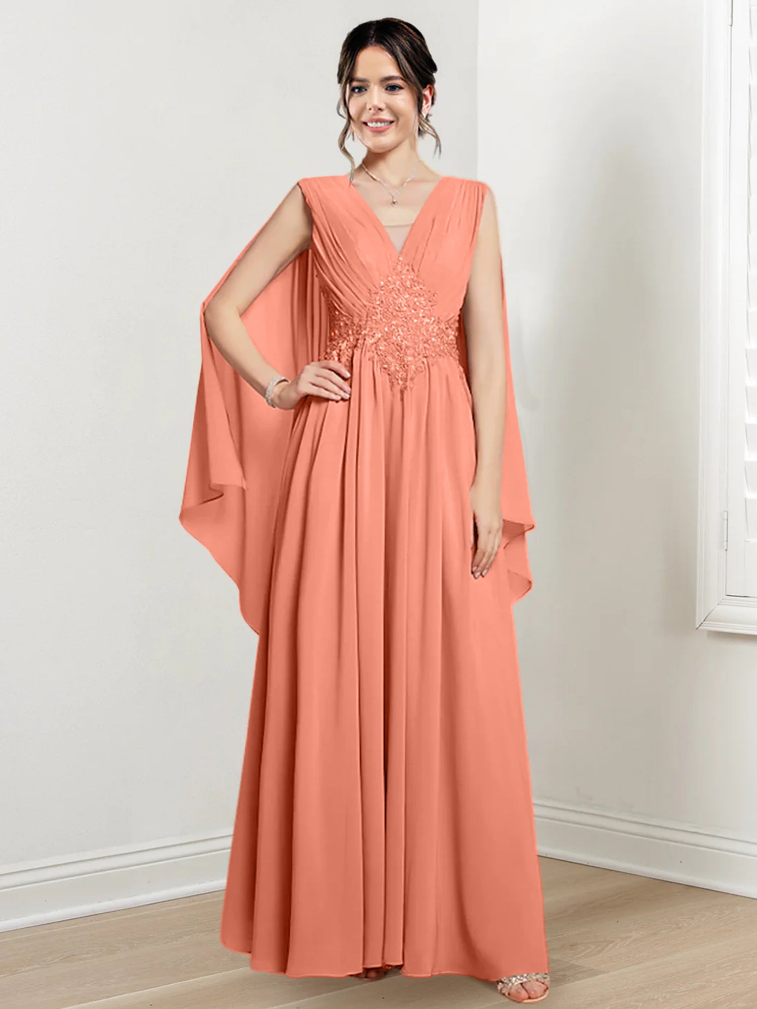 V-Neck A-Line Princess Floor-Length Dresses for the Mother of the Bride