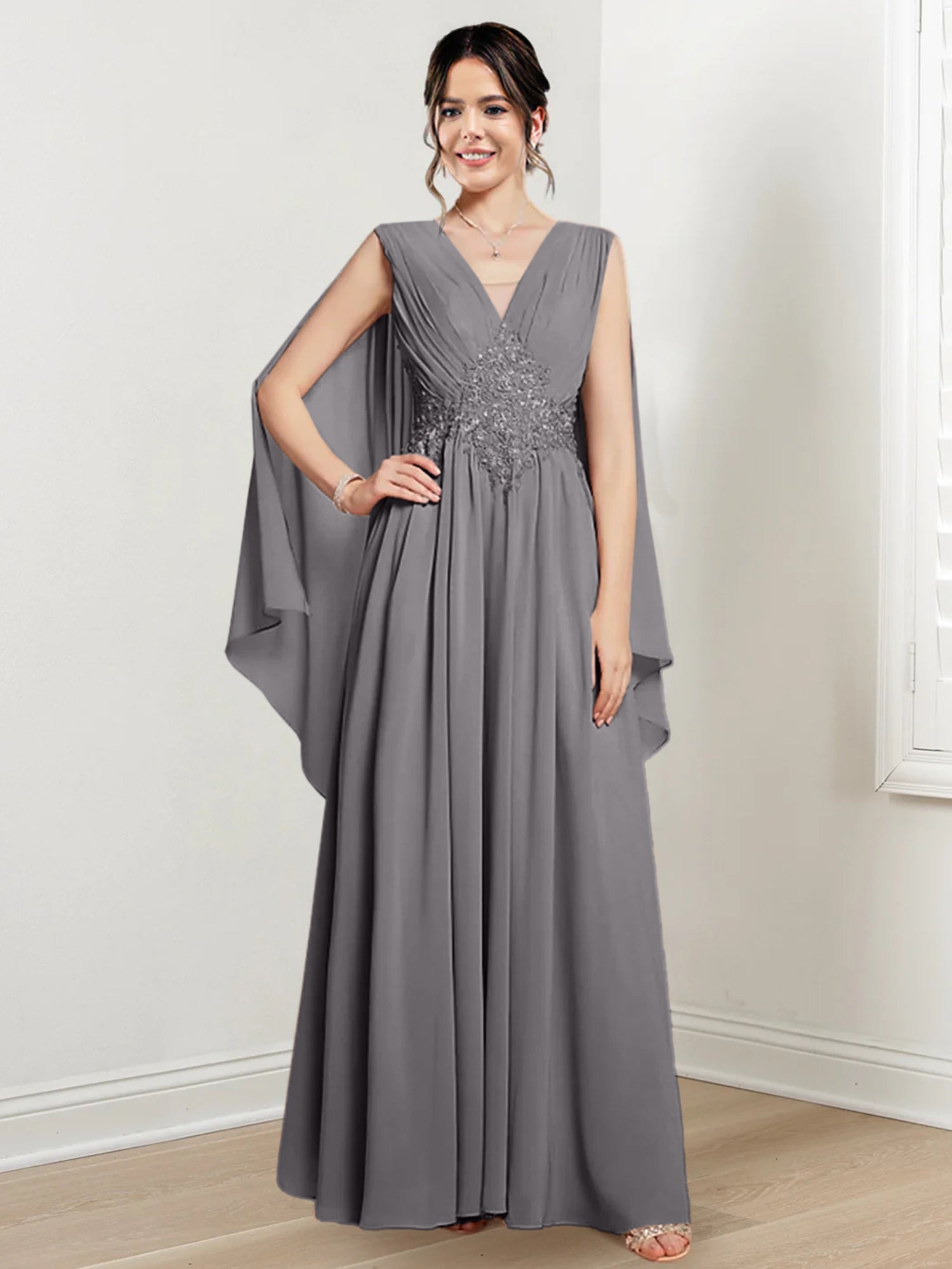 V-Neck A-Line Princess Floor-Length Dresses for the Mother of the Bride