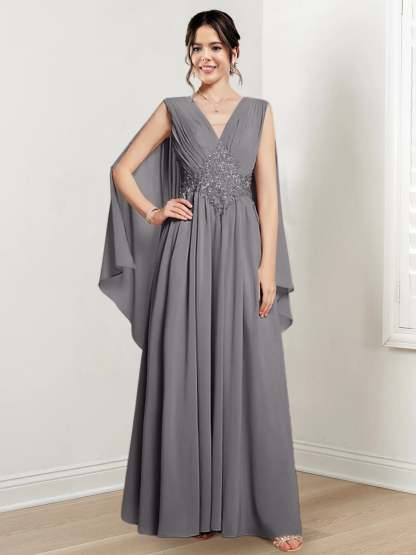 V-Neck A-Line Princess Floor-Length Dresses for the Mother of the Bride