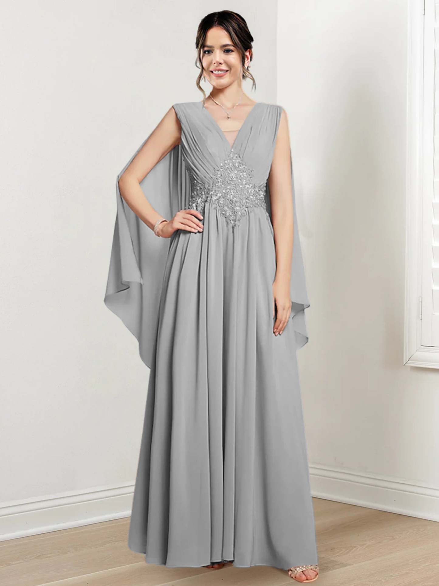 V-Neck A-Line Princess Floor-Length Dresses for the Mother of the Bride