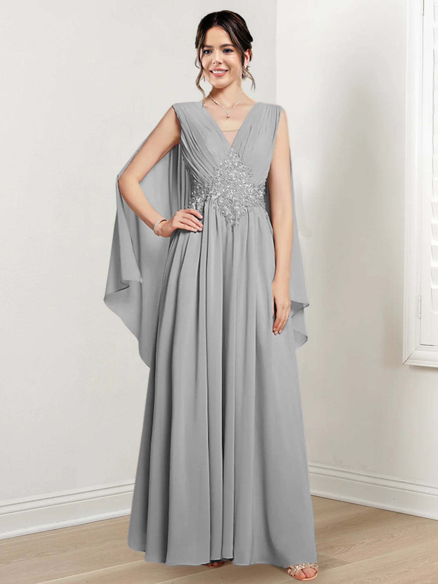 V-Neck A-Line Princess Floor-Length Dresses for the Mother of the Bride
