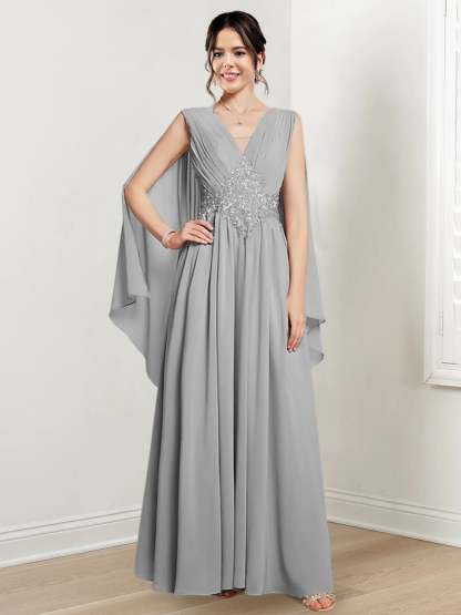 V-Neck A-Line Princess Floor-Length Dresses for the Mother of the Bride